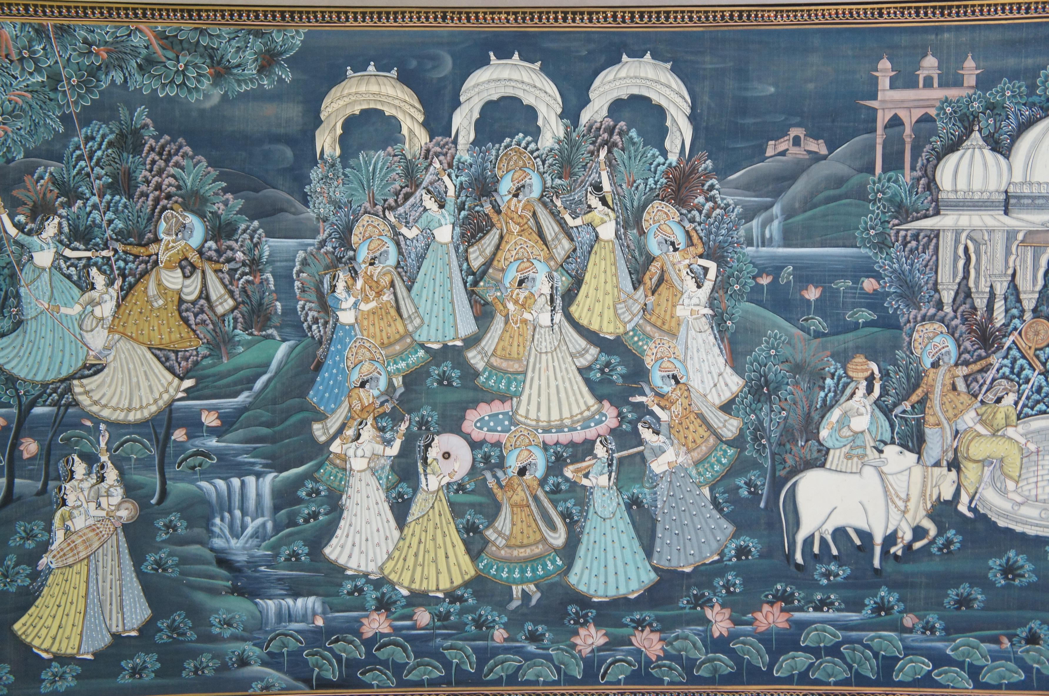 20th Century Monumental Indian Pichhwai Painting Silk Radha Krishna Music Dancing Gopis For Sale