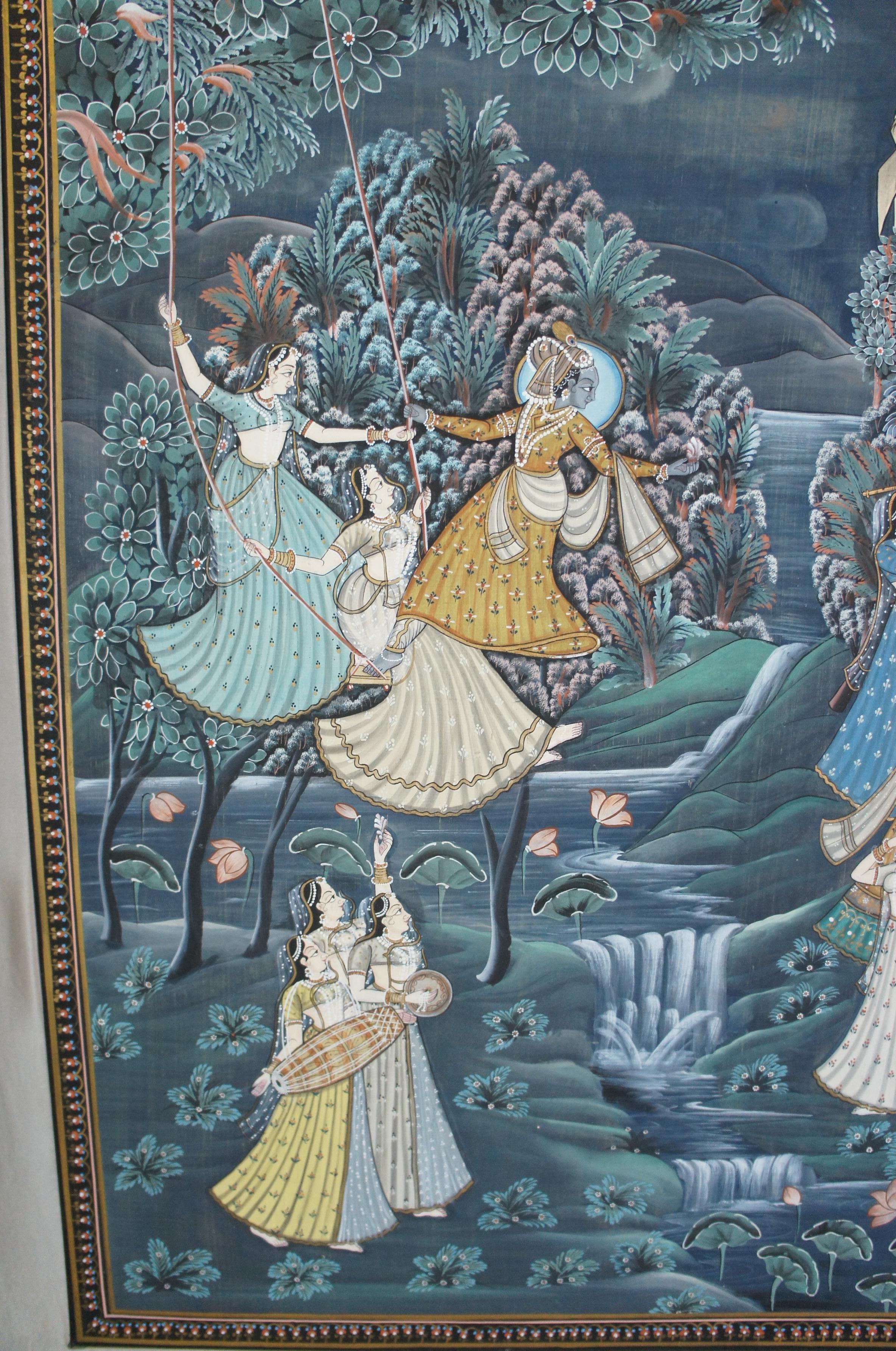 Monumental Indian Pichhwai Painting Silk Radha Krishna Music Dancing Gopis For Sale 3