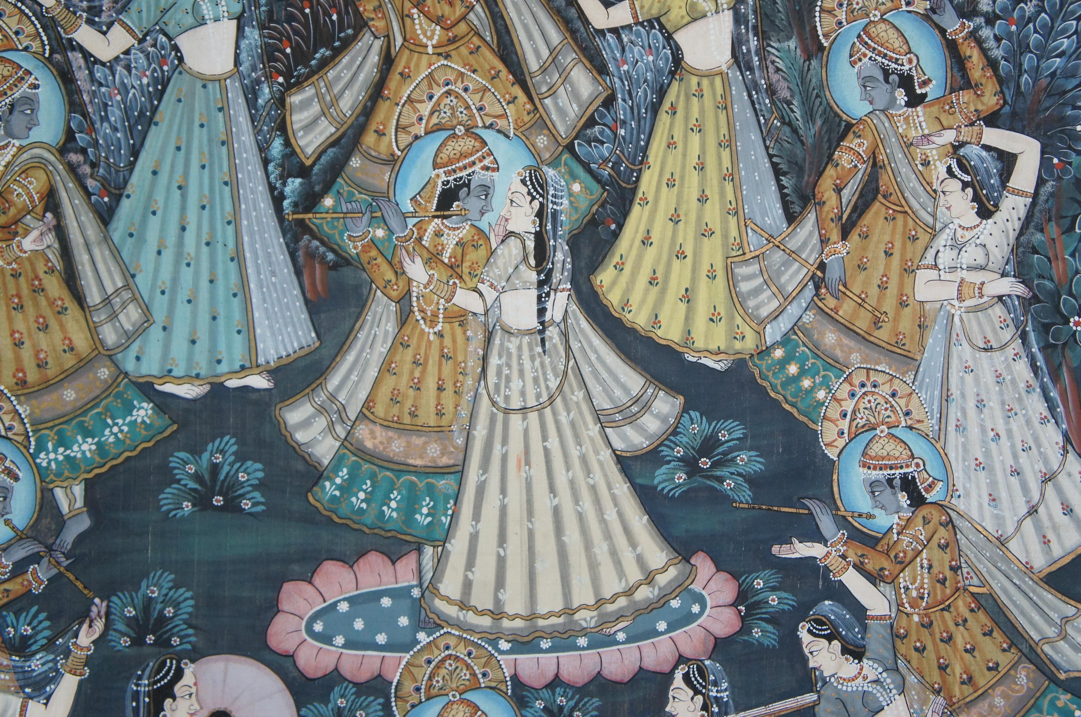 Monumental Indian Pichhwai Painting Silk Radha Krishna Music Dancing Gopis For Sale 4