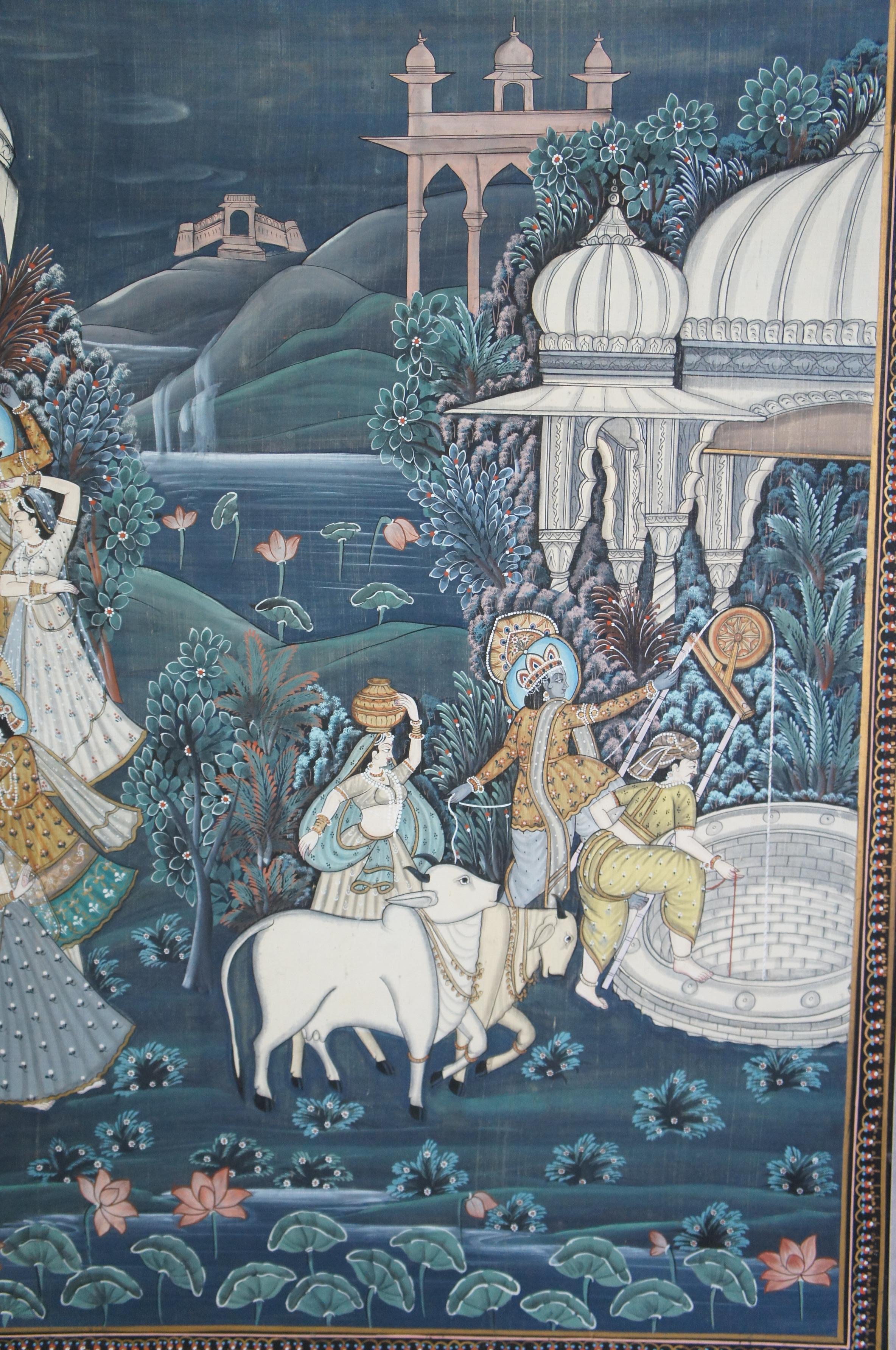Monumental Indian Pichhwai Painting Silk Radha Krishna Music Dancing Gopis For Sale 5