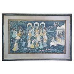 Monumentale peinture indienne Pichhwai en soie Radha Krishna dansant de la musique Gopis