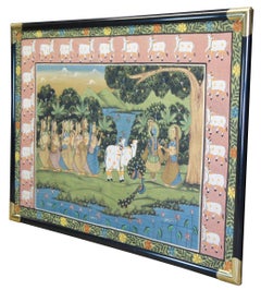 Monumental Indian Pichhwai Radha Krishna Gopis Painting Silk Devine Peacock 70"