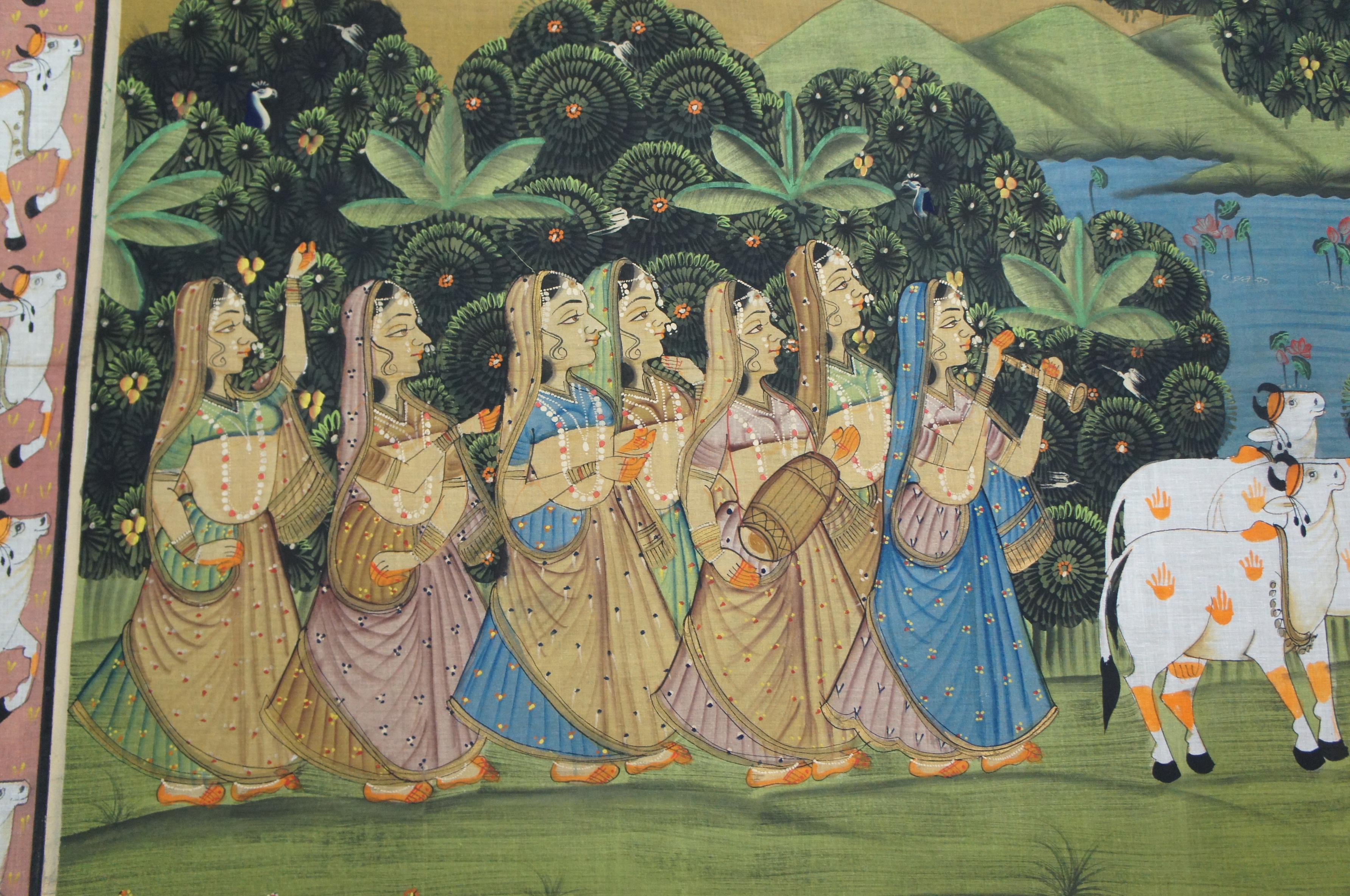Monumental Indian Pichhwai Radha Krishna Gopis Painting Silk Devine Peacock 70