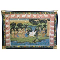 Vintage Monumental Indian Pichhwai Radha Krishna Gopis Painting Silk Devine Peacock 70"