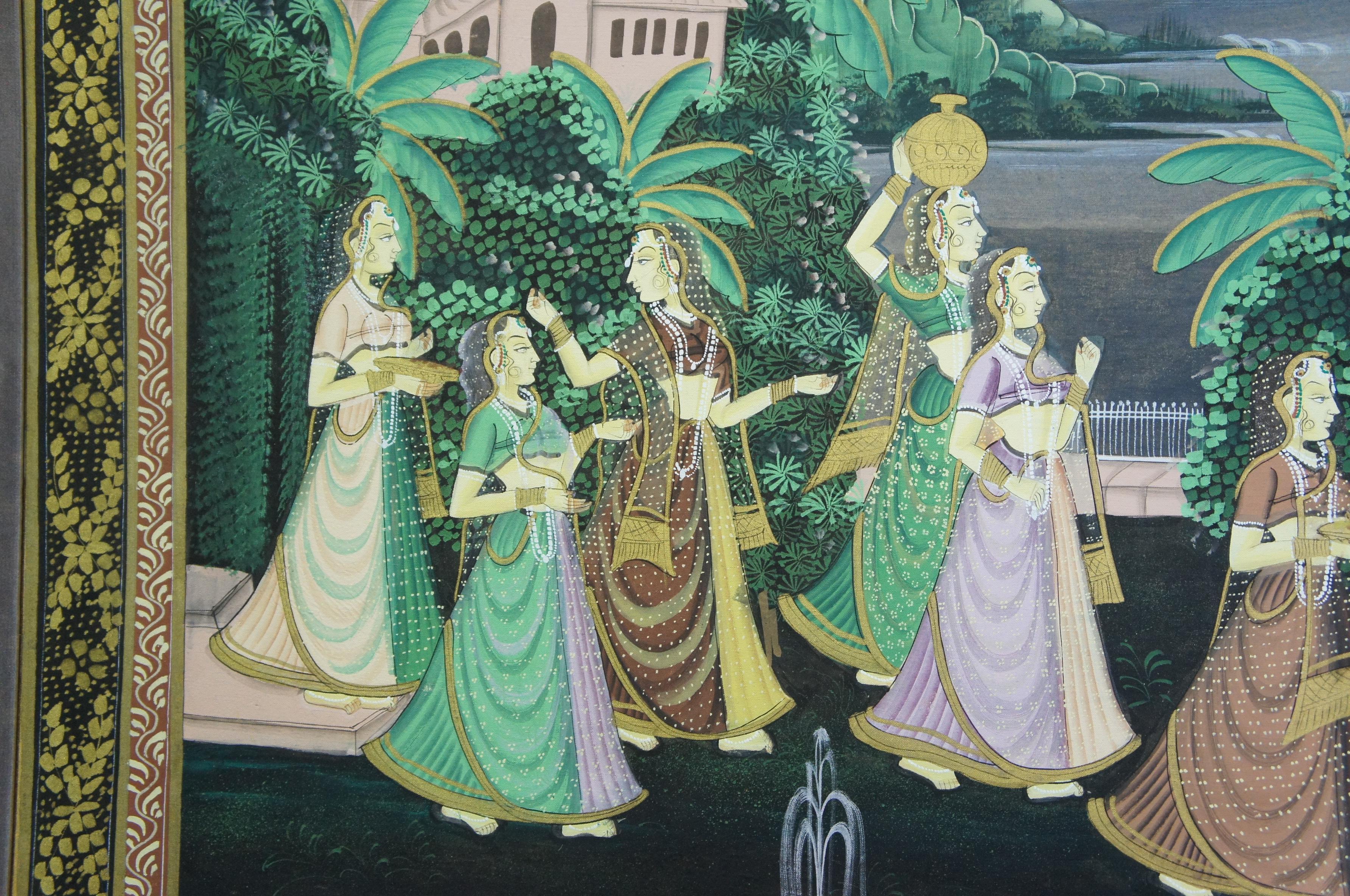 Monumental Indian Pichhwai Radha Krishna Gopis Painting Silk Garden Peacock 68