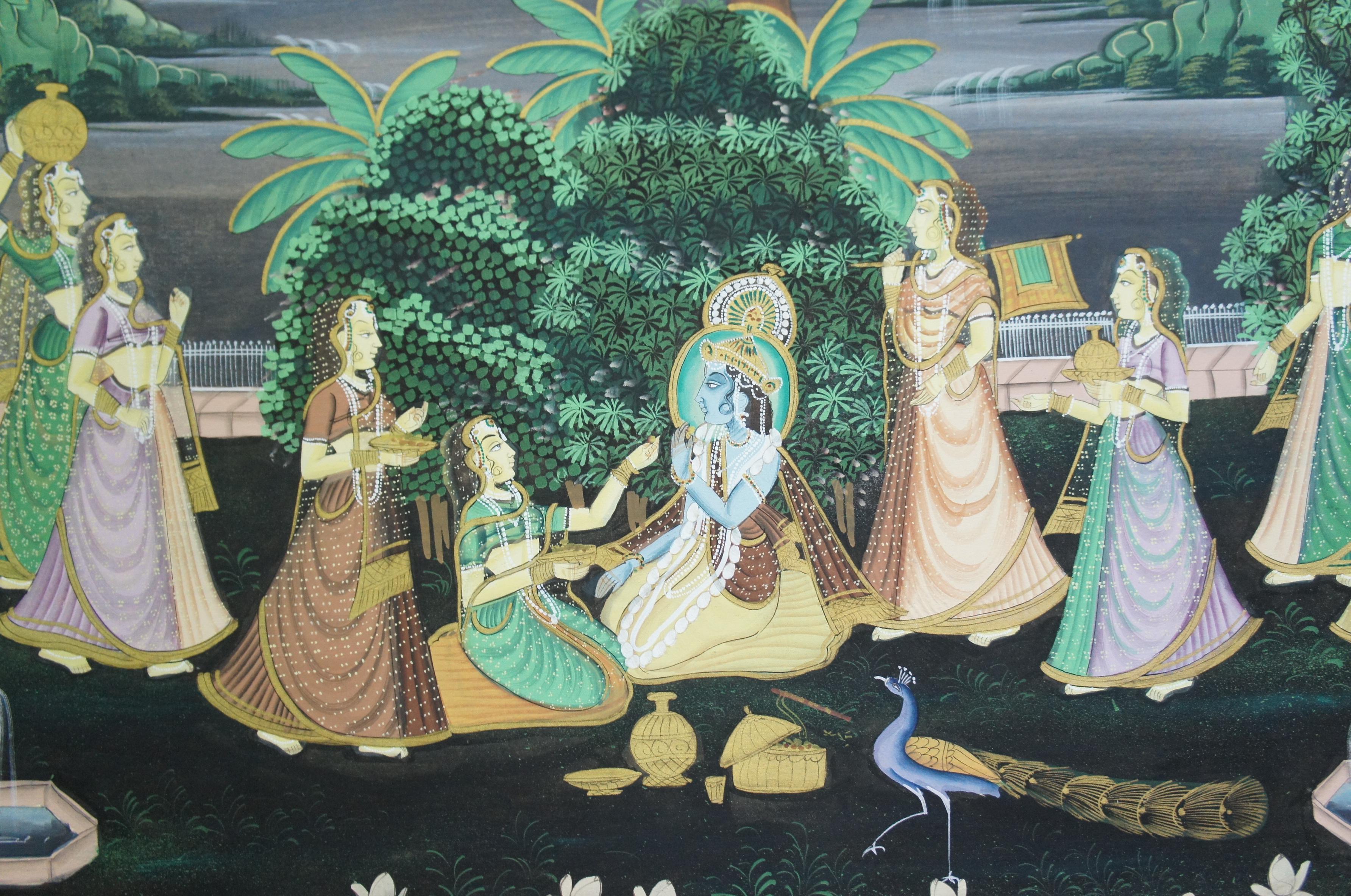 Monumental Indian Pichhwai Radha Krishna Gopis Painting Silk Garden Peacock 68
