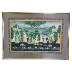 Monumental Indian Pichhwai Radha Krishna Gopis Painting Silk Garden Peacock 68"