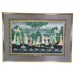Monumental Pichhwai Indio Radha Krishna Gopis Pintura Seda Jardín Pavo real 68"