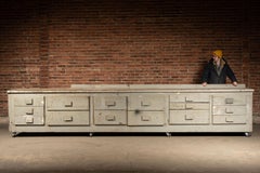 Monumental Industrial Shop Workbench Cabinet with Labeled Drawers