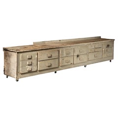 Monumental Industrial Shop Workbench Cabinet with Labeled Drawers