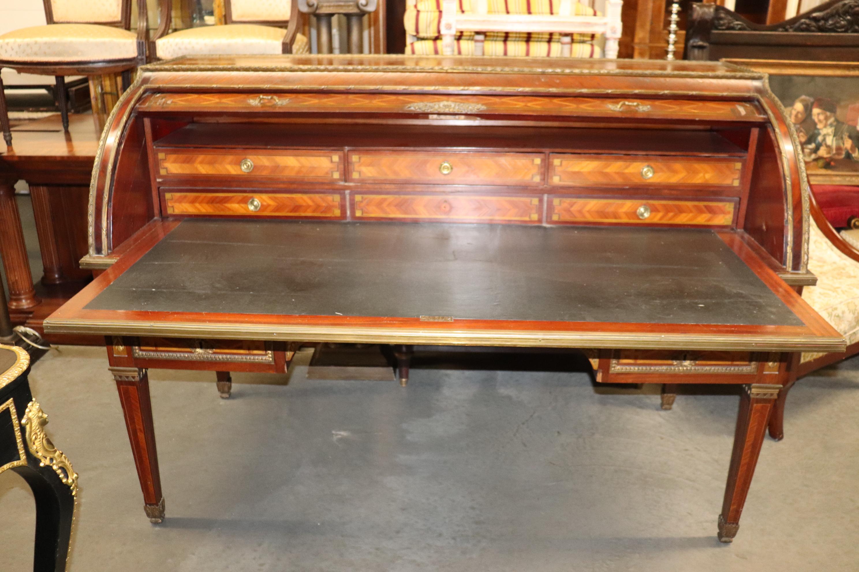 Monumental Inlaid French Bronze Mounted Louis XVI Cylinder Desk Circa 1900 In Good Condition For Sale In Swedesboro, NJ