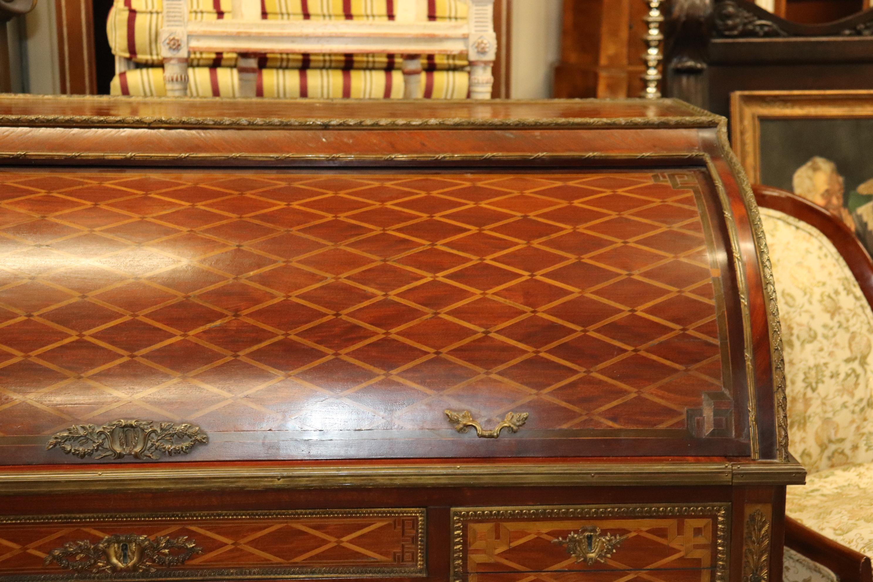 Early 20th Century Monumental Inlaid French Bronze Mounted Louis XVI Cylinder Desk Circa 1900 For Sale