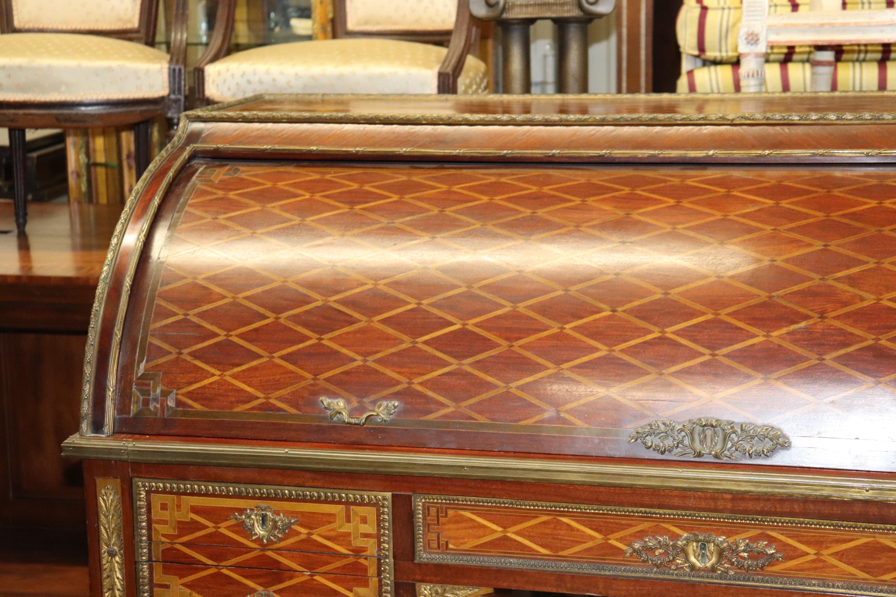 Monumental Inlaid French Bronze Mounted Louis XVI Cylinder Desk Circa 1900 For Sale 1