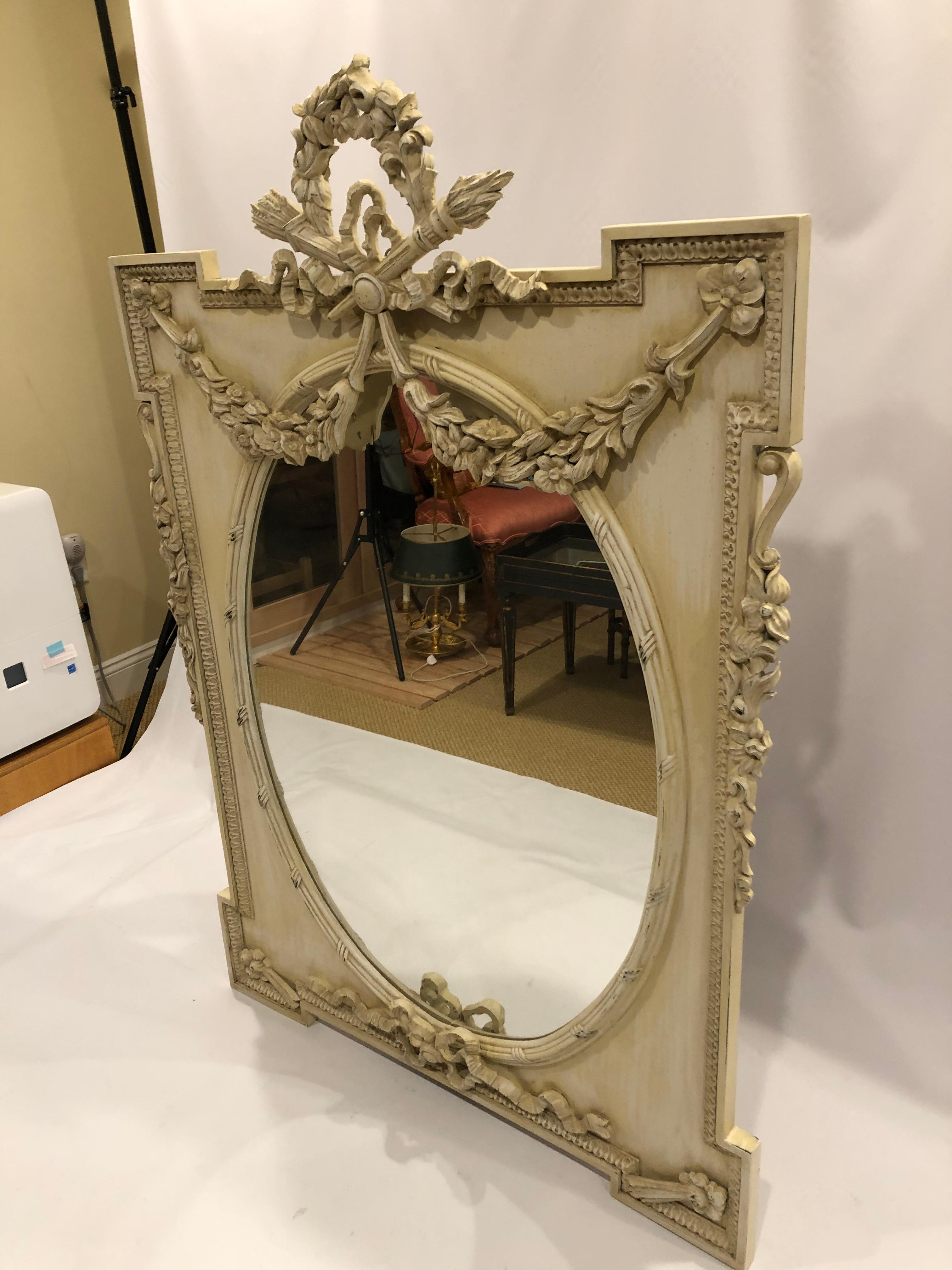 Monumental Intricately Carved Cream Painted French Style Mirror For Sale 1