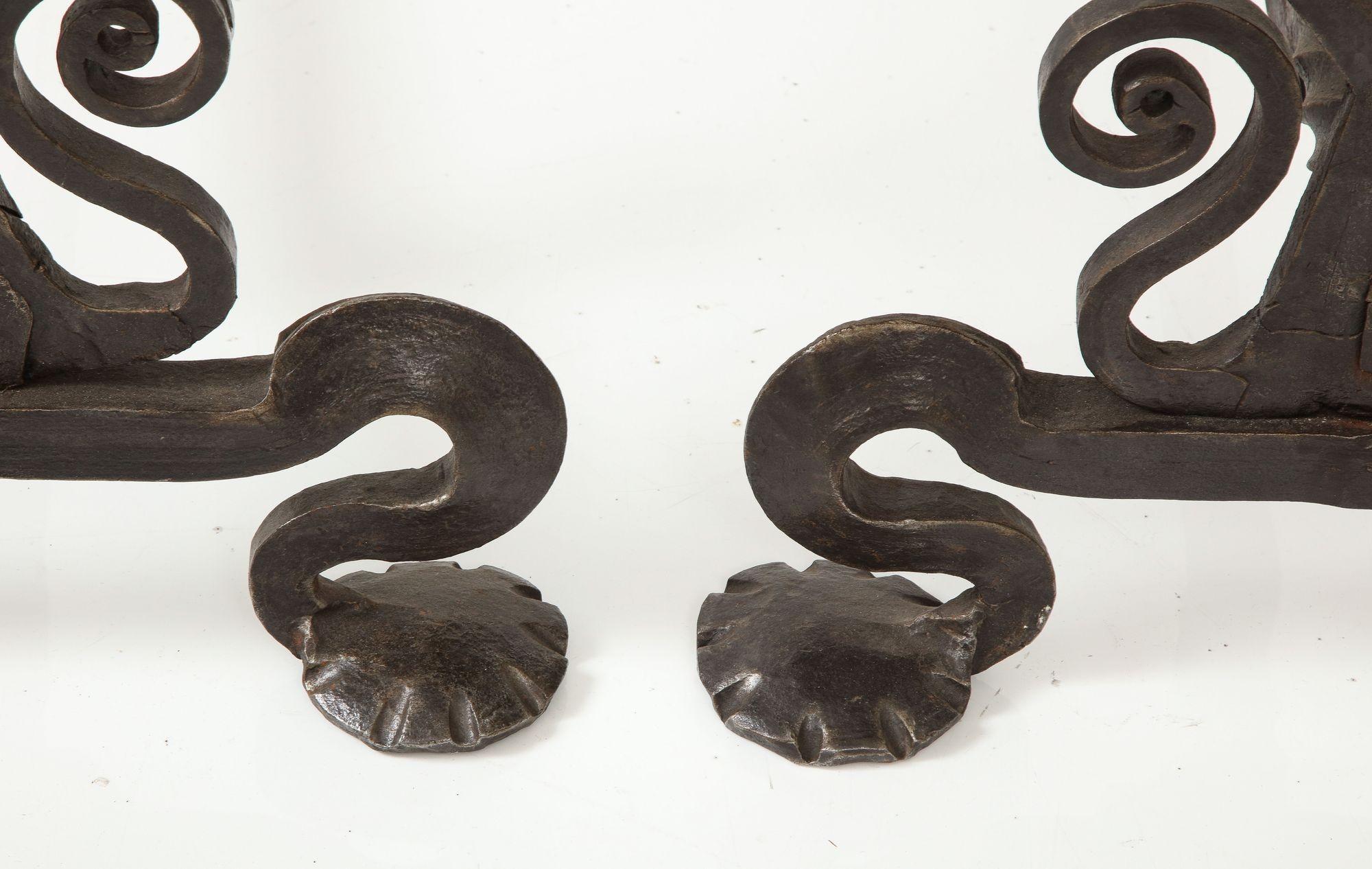 Monumental Iron Scroll Andirons For Sale 5