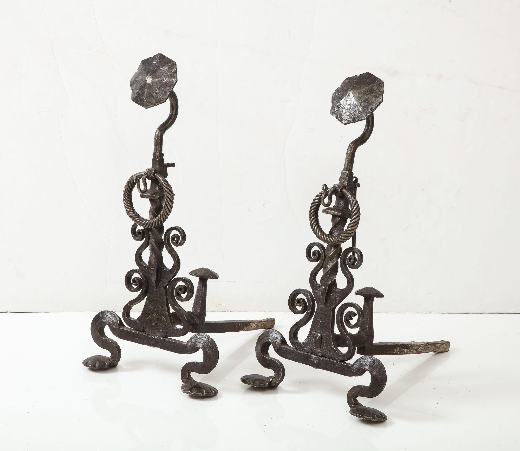 American Monumental Iron Scroll Andirons For Sale