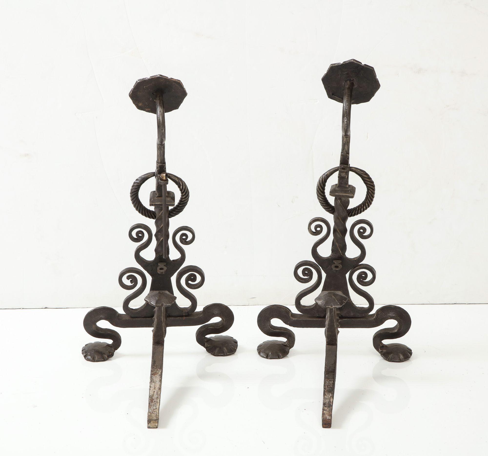Monumental Iron Scroll Andirons In Good Condition For Sale In Greenwich, CT