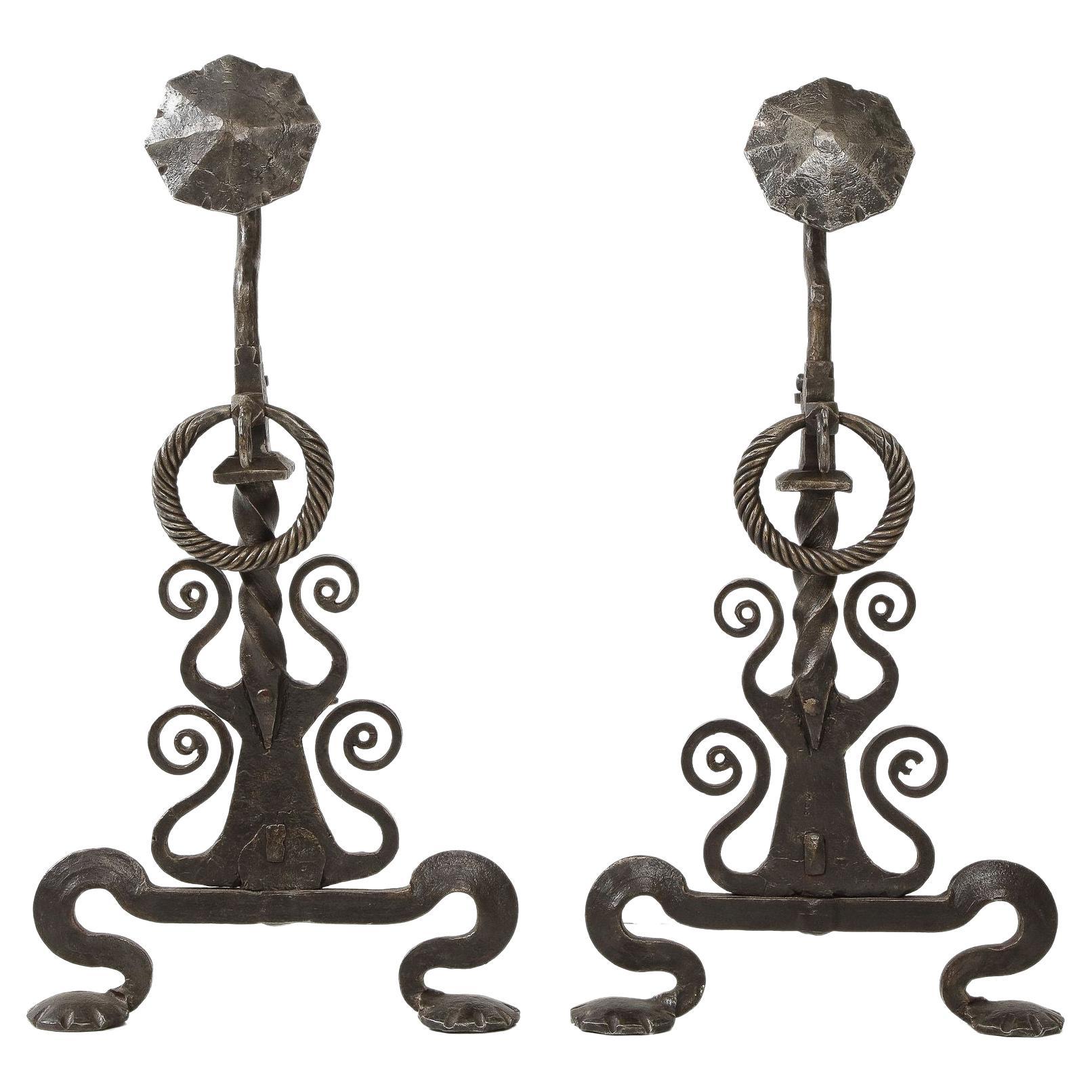Monumental Iron Scroll Andirons For Sale