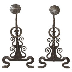 Monumental Iron Scroll Andirons