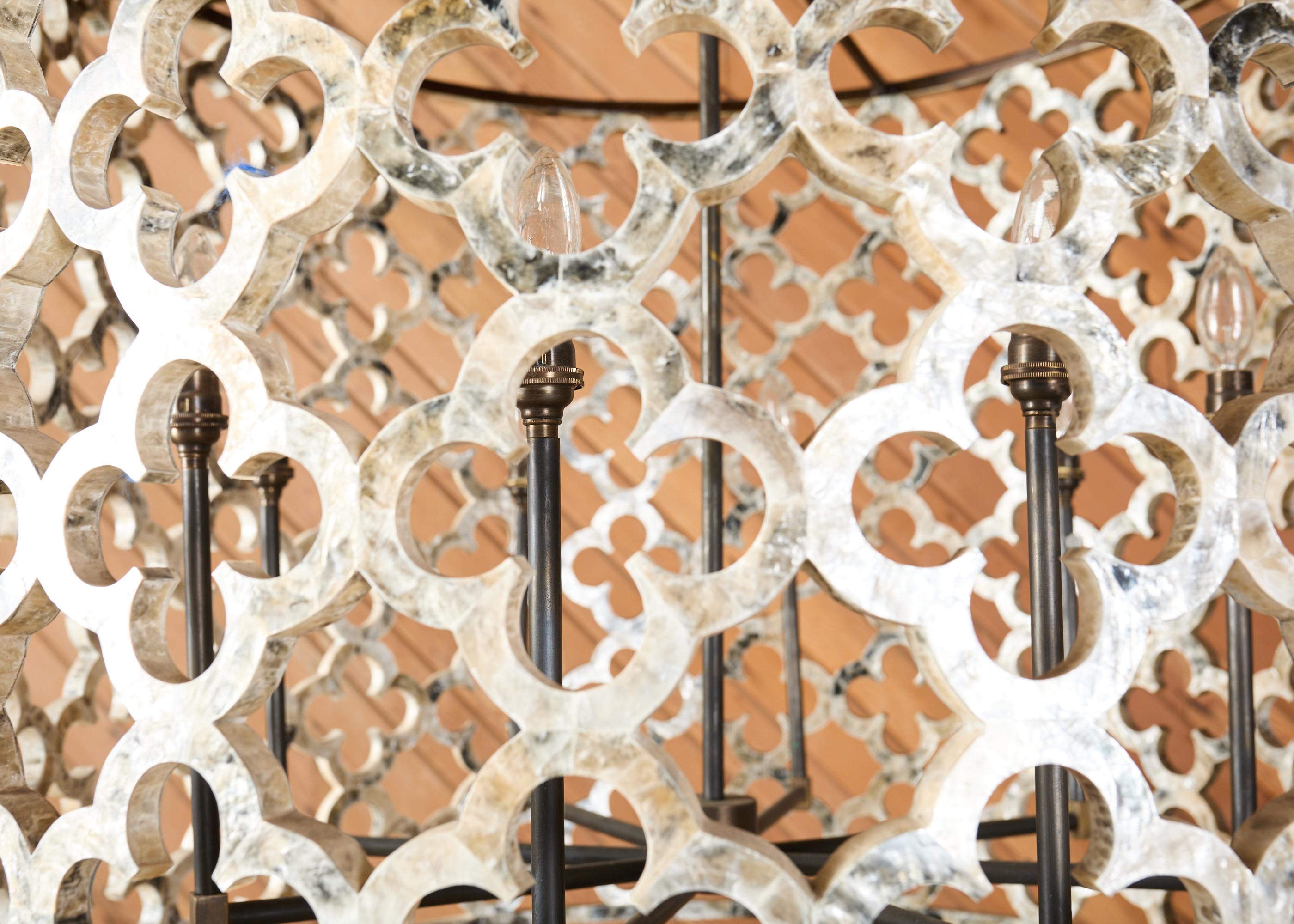 Bronzed Monumental Ironies Capriz Shell Asilah Quatrefoil Chandelier For Sale