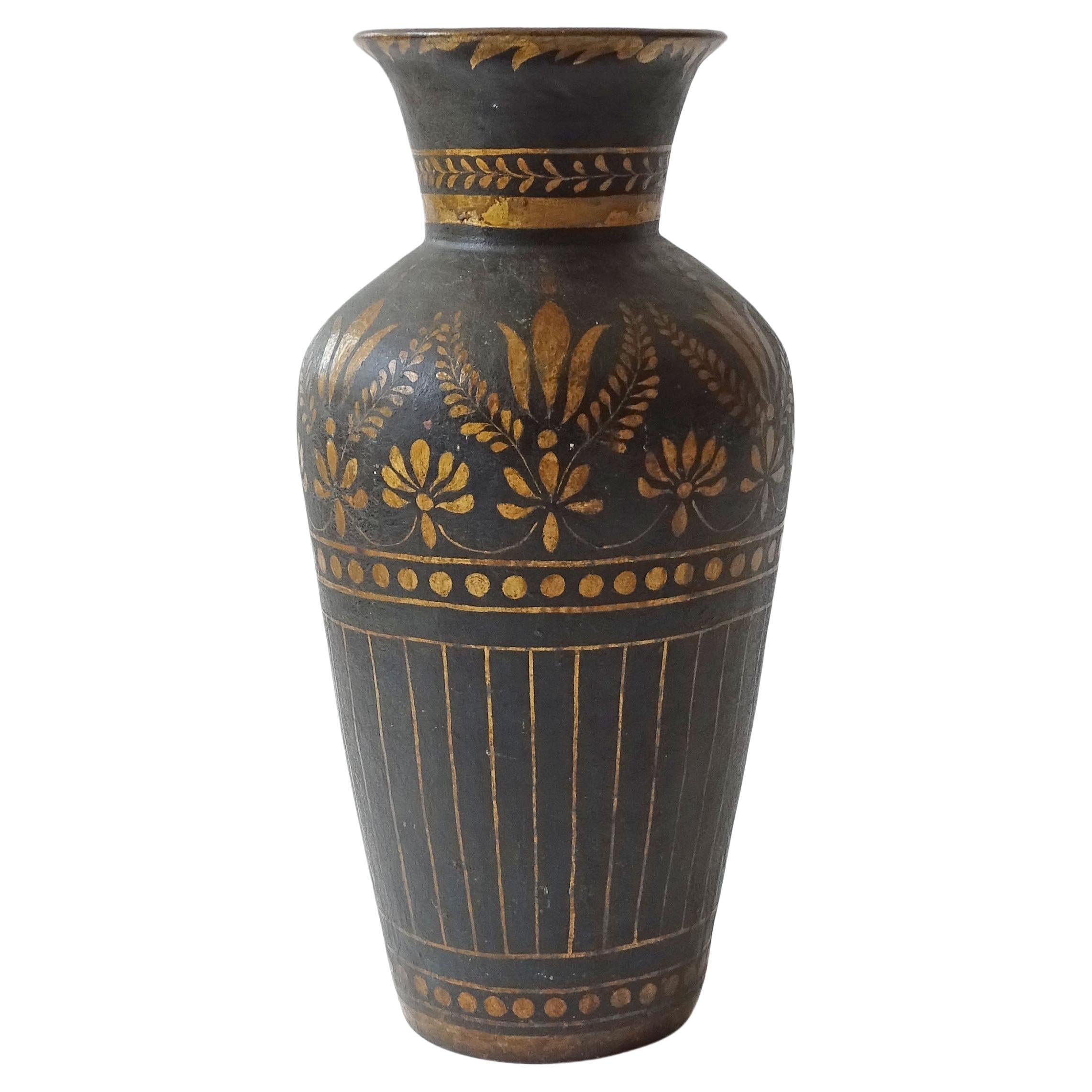 Monumental Italian 1940s Gold on Green Painted Terracotta Vase
