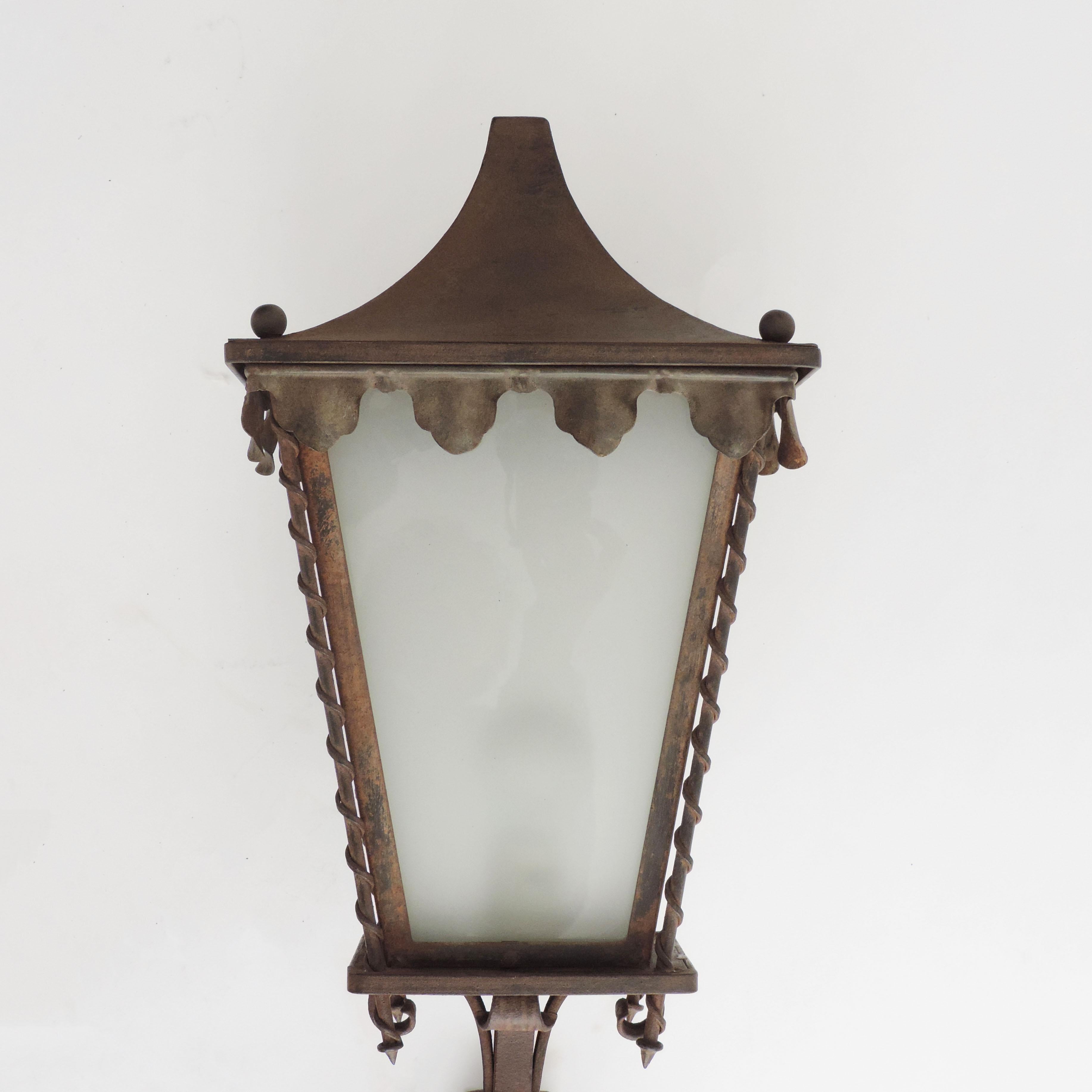Glass Monumental Italian 1950s Wrought Iron Wall Lamp For Sale