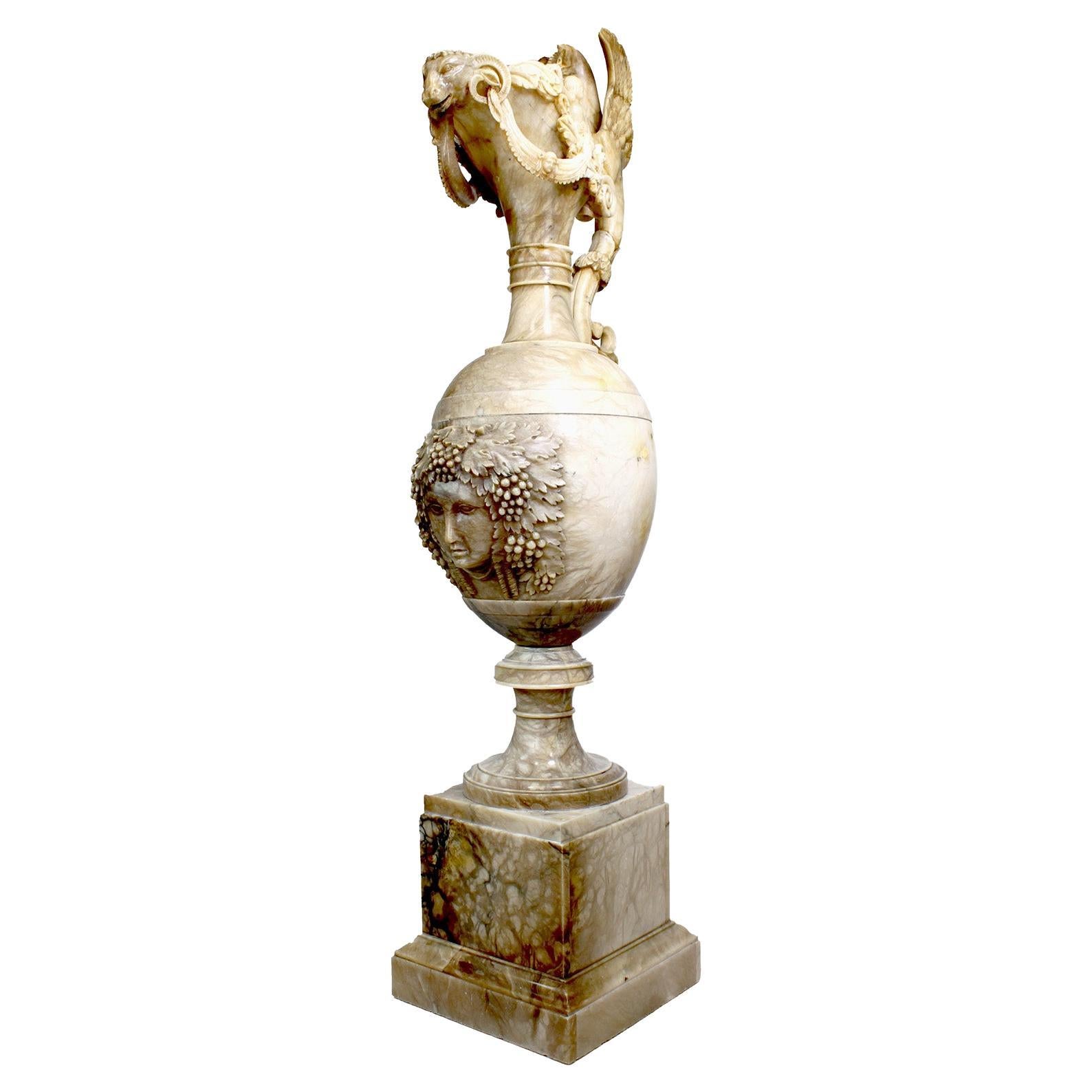 Monumental Italian 19th Century Renaissance Revival Style Carved Alabaster Urn  For Sale