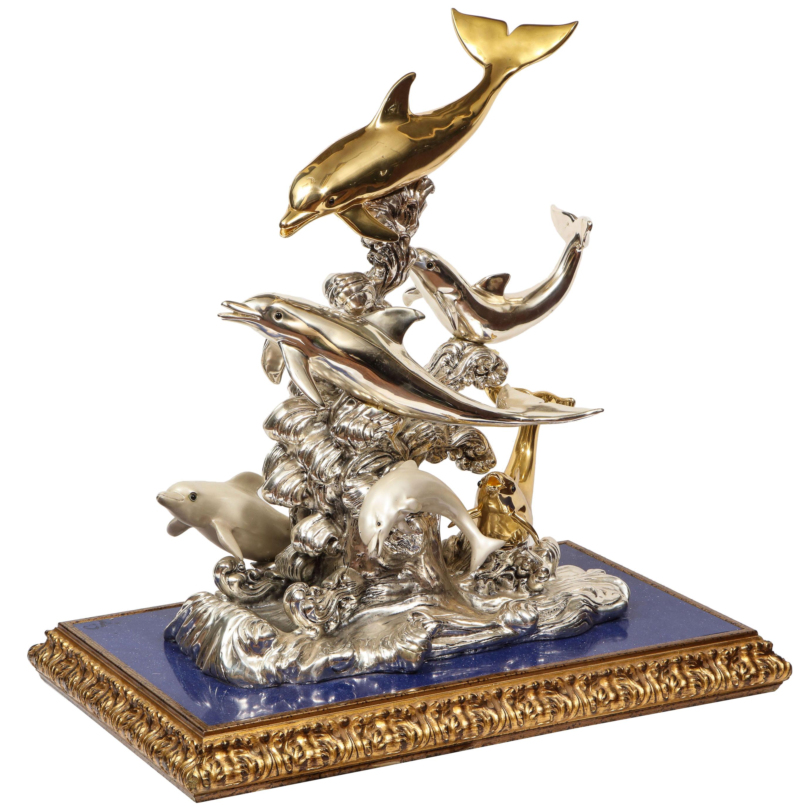 Monumental Italian 925 Silver & Lapis "Dolphin Nautical" Centerpiece, Sculpture