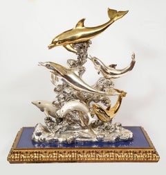 Monumental Italian 925 Silver & Lapis "Dolphin Nautical" Centerpiece, Sculpture