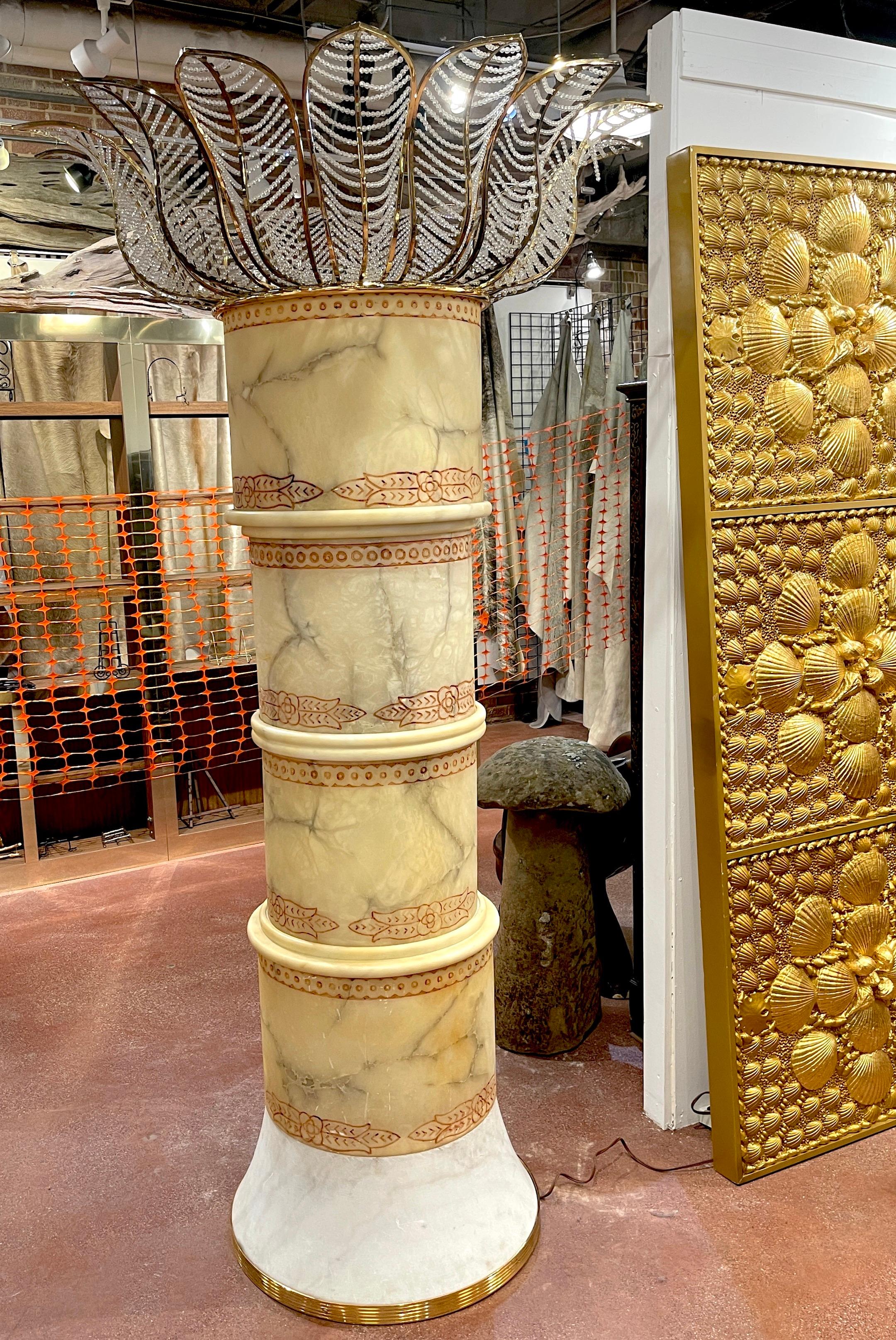 Monumental lampadaire italien en forme de palmier en albâtre, marbre, laiton et cristal  en vente 12