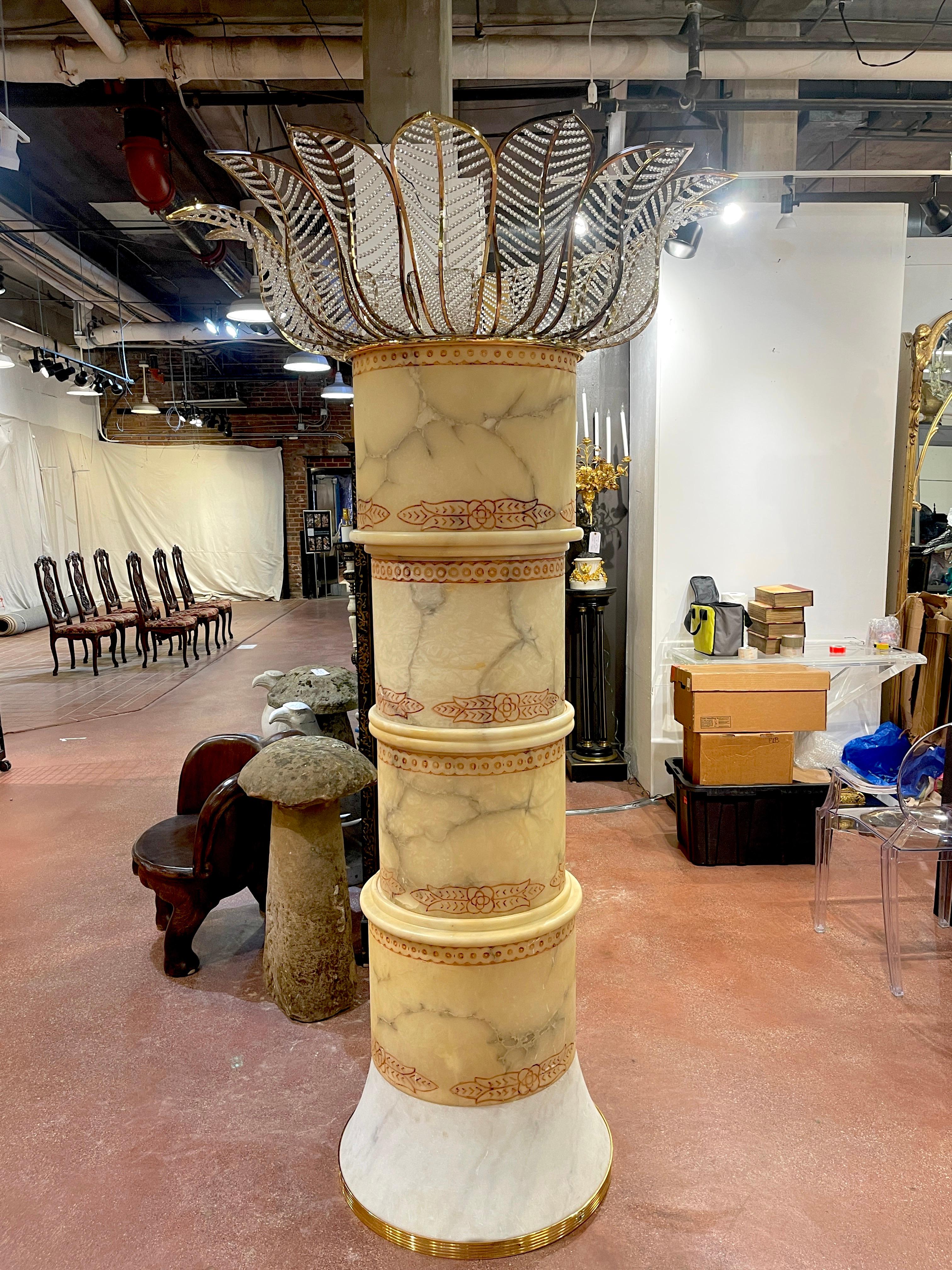 Monumental lampadaire italien en forme de palmier en albâtre, marbre, laiton et cristal  en vente 2
