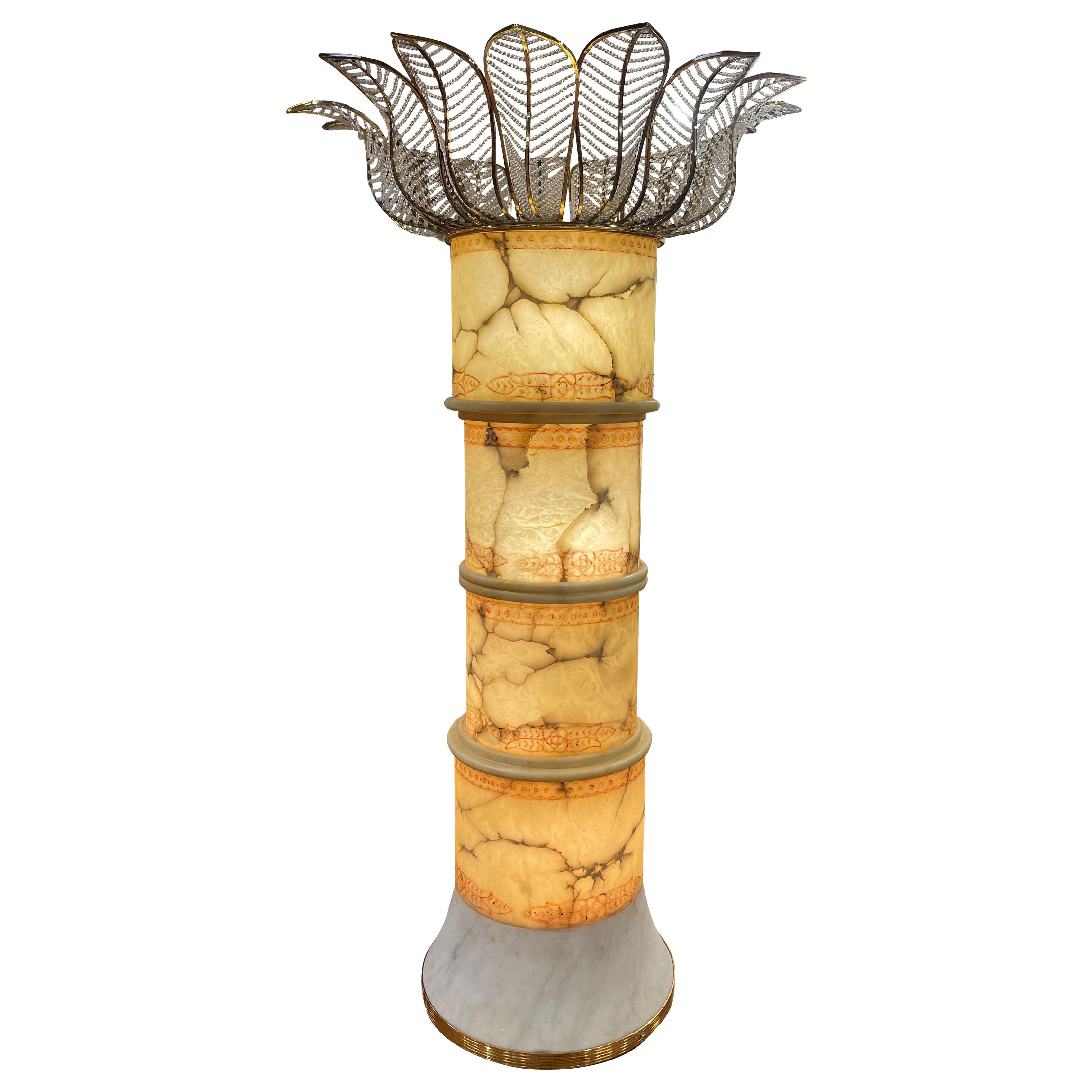Monumental Italian Alabaster, Marble, Brass & Crystal Palm Tree Floor Lamp