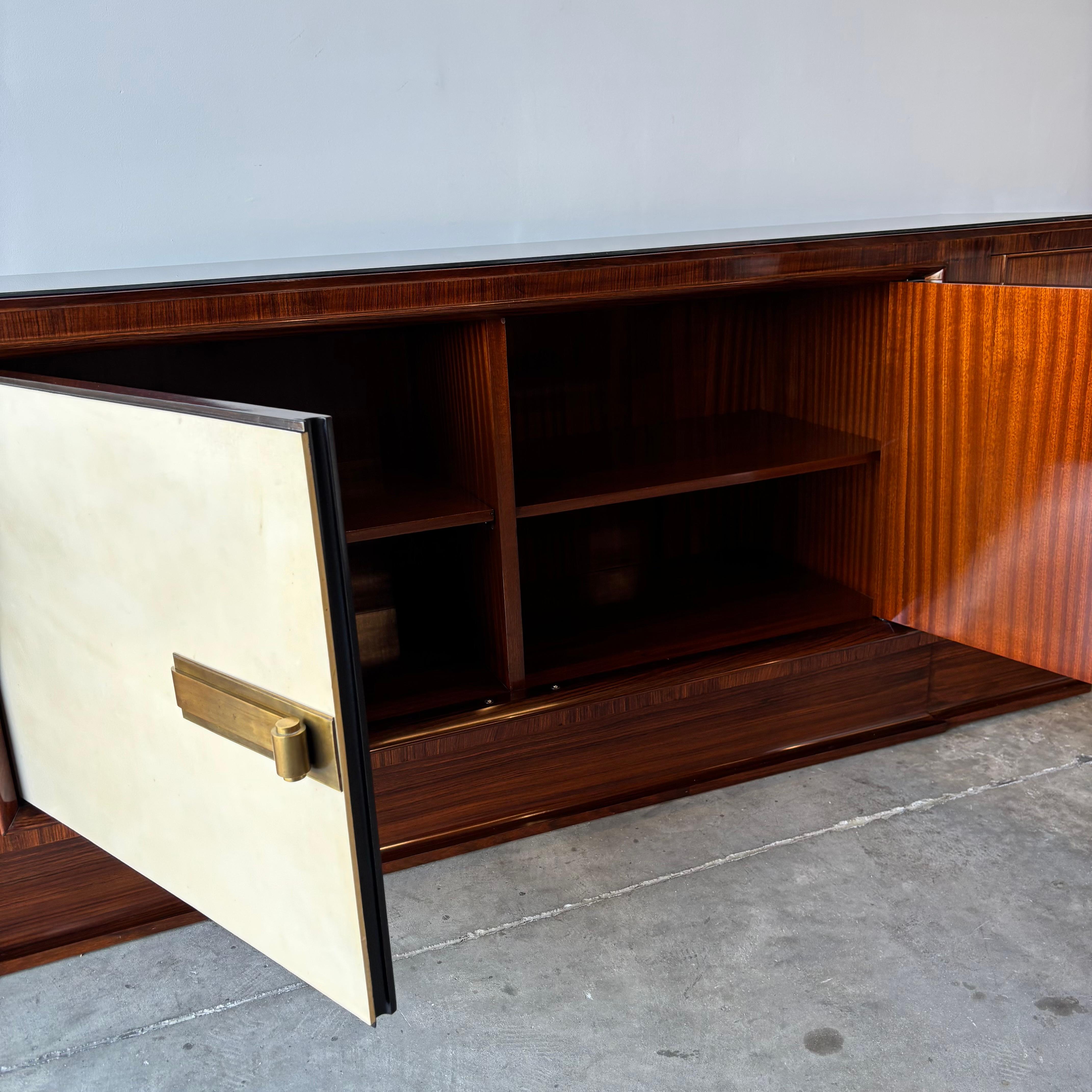 Brass Monumental Italian Art Deco Sideboard in Rosewood and Parchment, 1930s