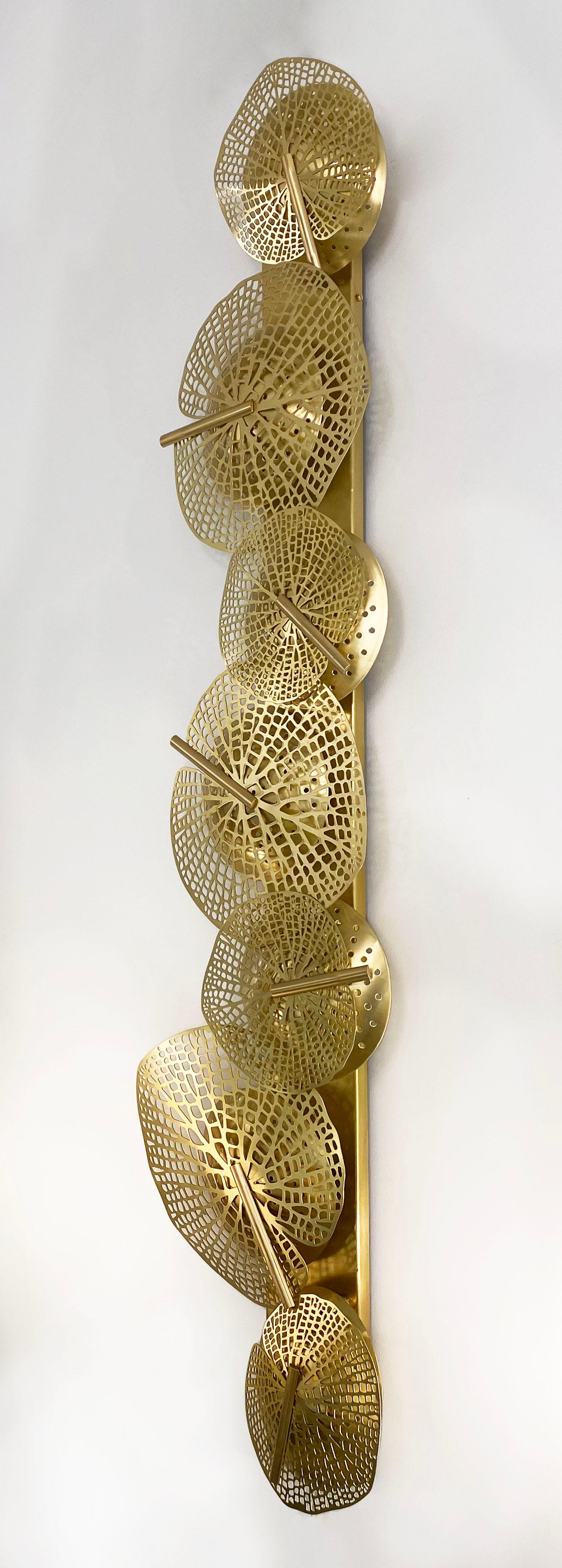 Monumental Italian Organic Art Design Modern Perforated Brass Leaf Sconce For Sale 5