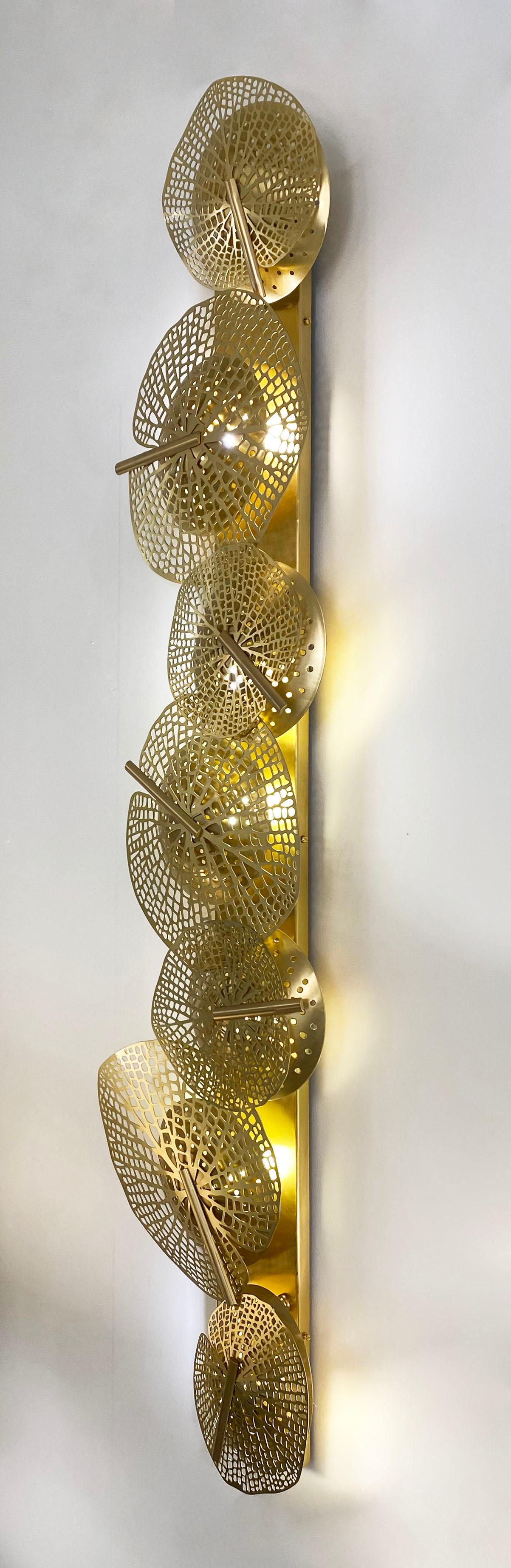 Organic Modern Monumental Italian Organic Art Design Modern Perforated Brass Leaf Sconce For Sale
