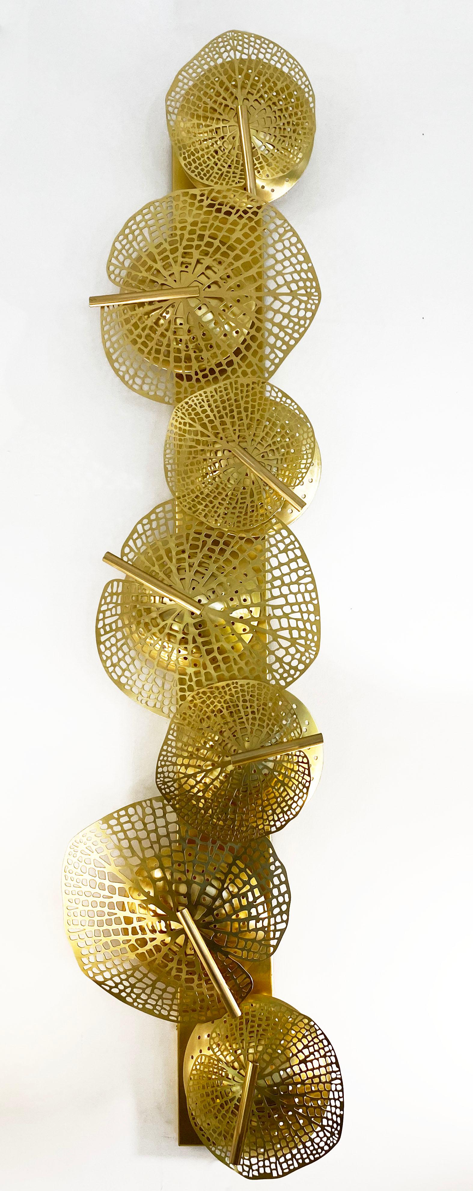 Contemporary Monumental Italian Organic Art Design Modern Perforated Brass Leaf Sconce For Sale