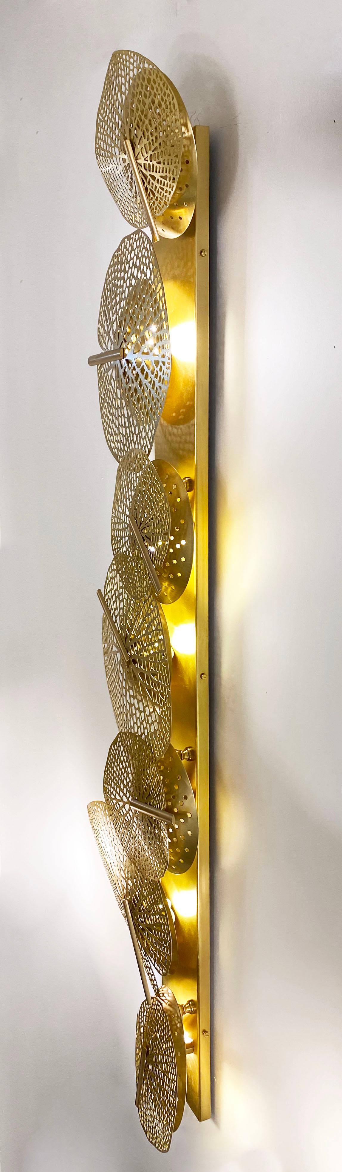 Monumental Italian Organic Art Design Modern Perforated Brass Leaf Sconce For Sale 1