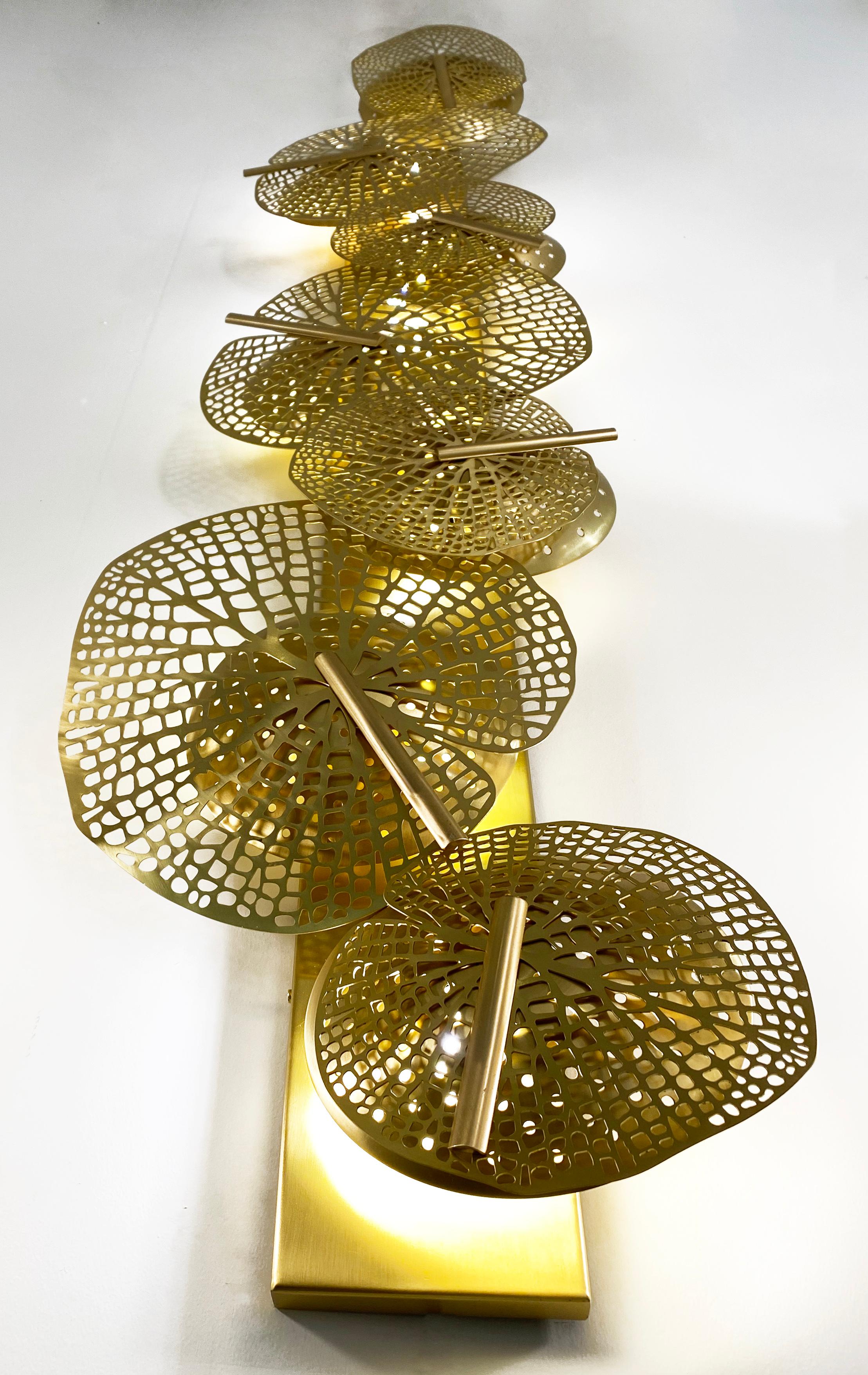 Monumental Italian Organic Art Design Modern Perforated Brass Leaf Sconce For Sale 3