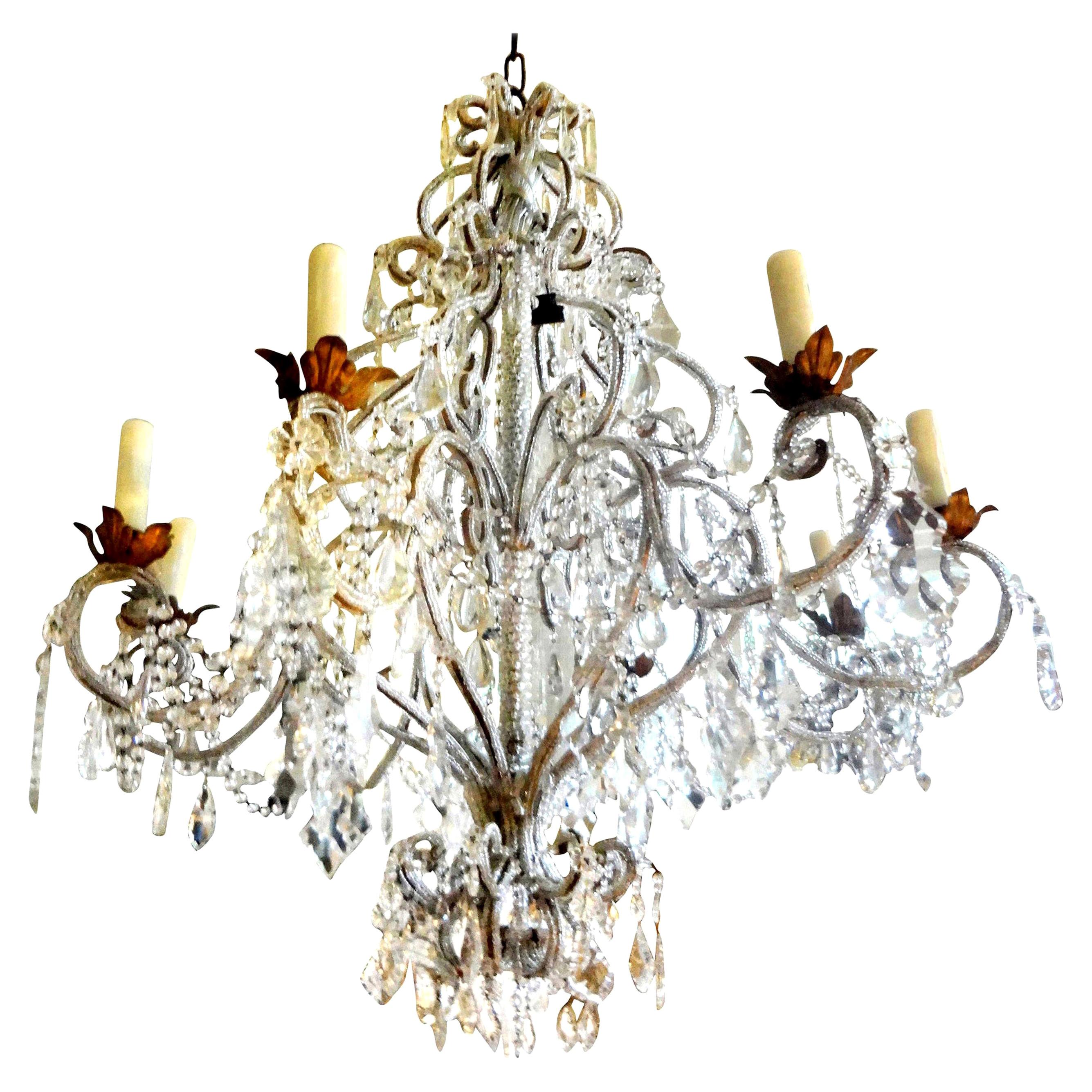 Monumental Italian Beaded and Crystal Eight-Light Chandelier-Maison Baguès Style