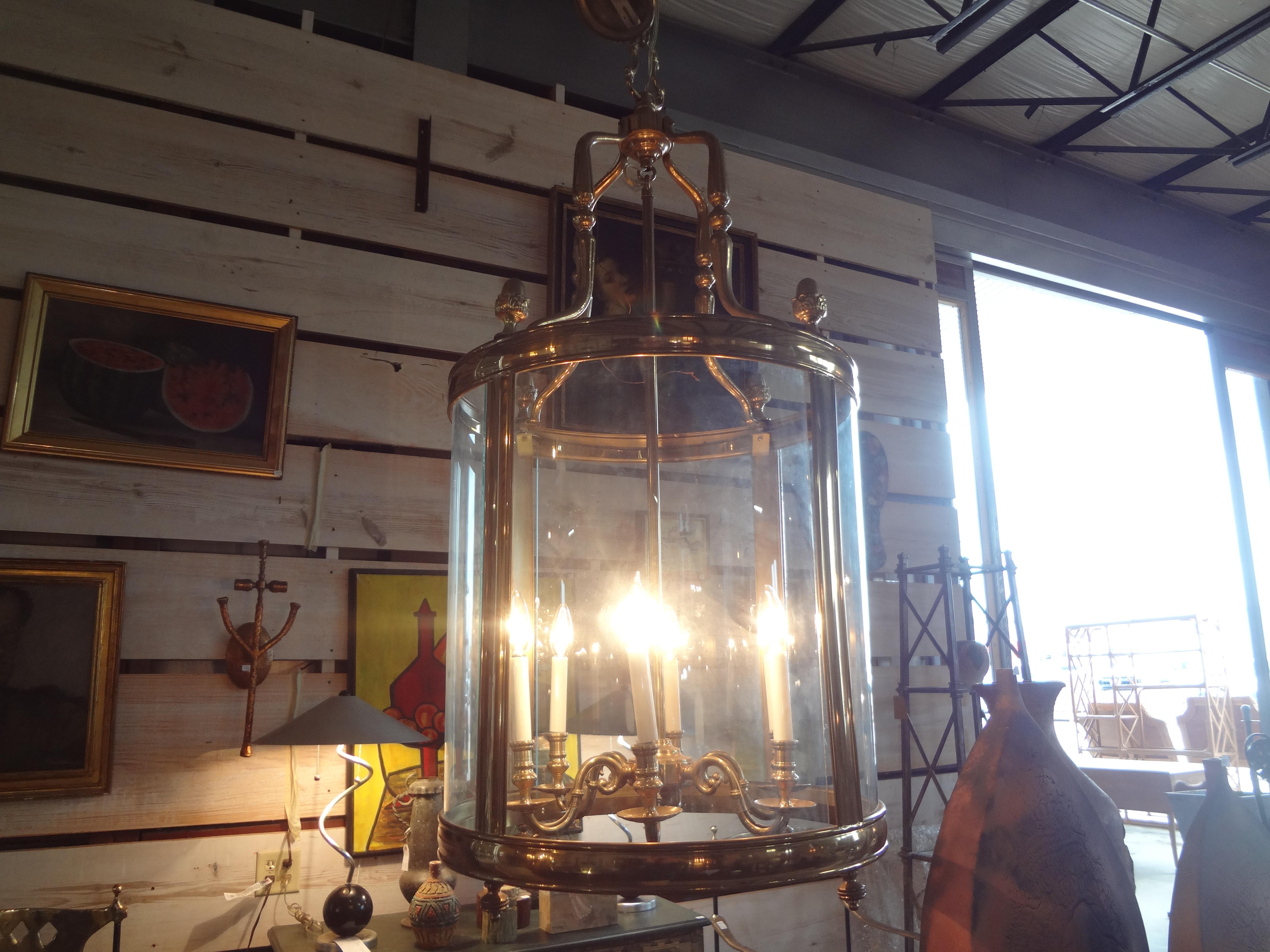 Louis XVI Monumental Italian Brass And Glass Lantern For Sale