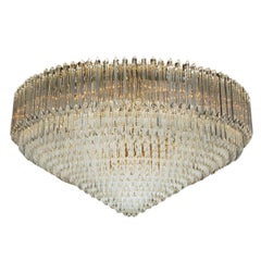 Monumental Italian Brass & Crystal Flush Mount Chandelier by Camer Venini Murano