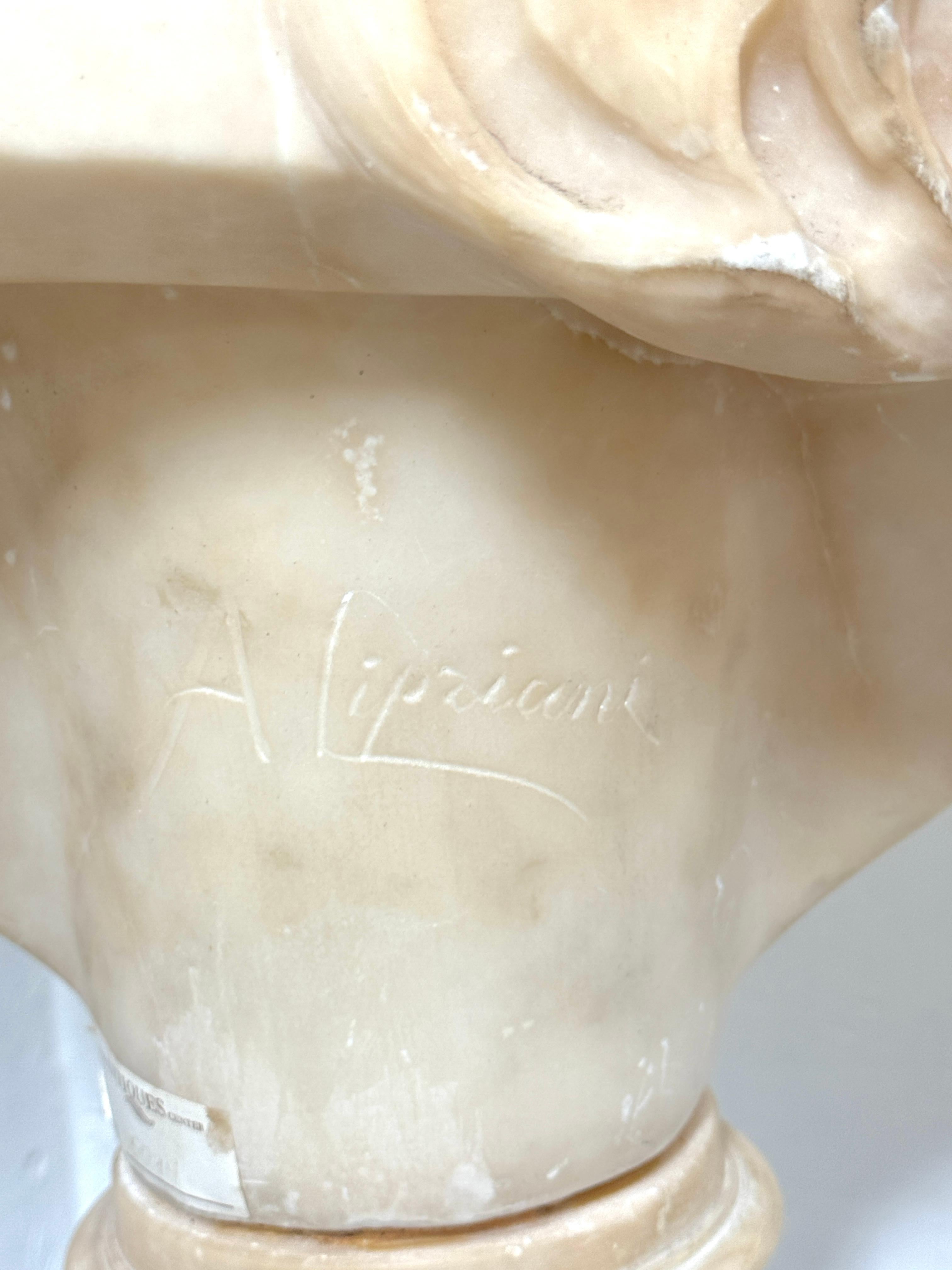 Monumental Italian Carved Alabaster Art Nouveau Bust, by A. Cipriani & Pedestal For Sale 4
