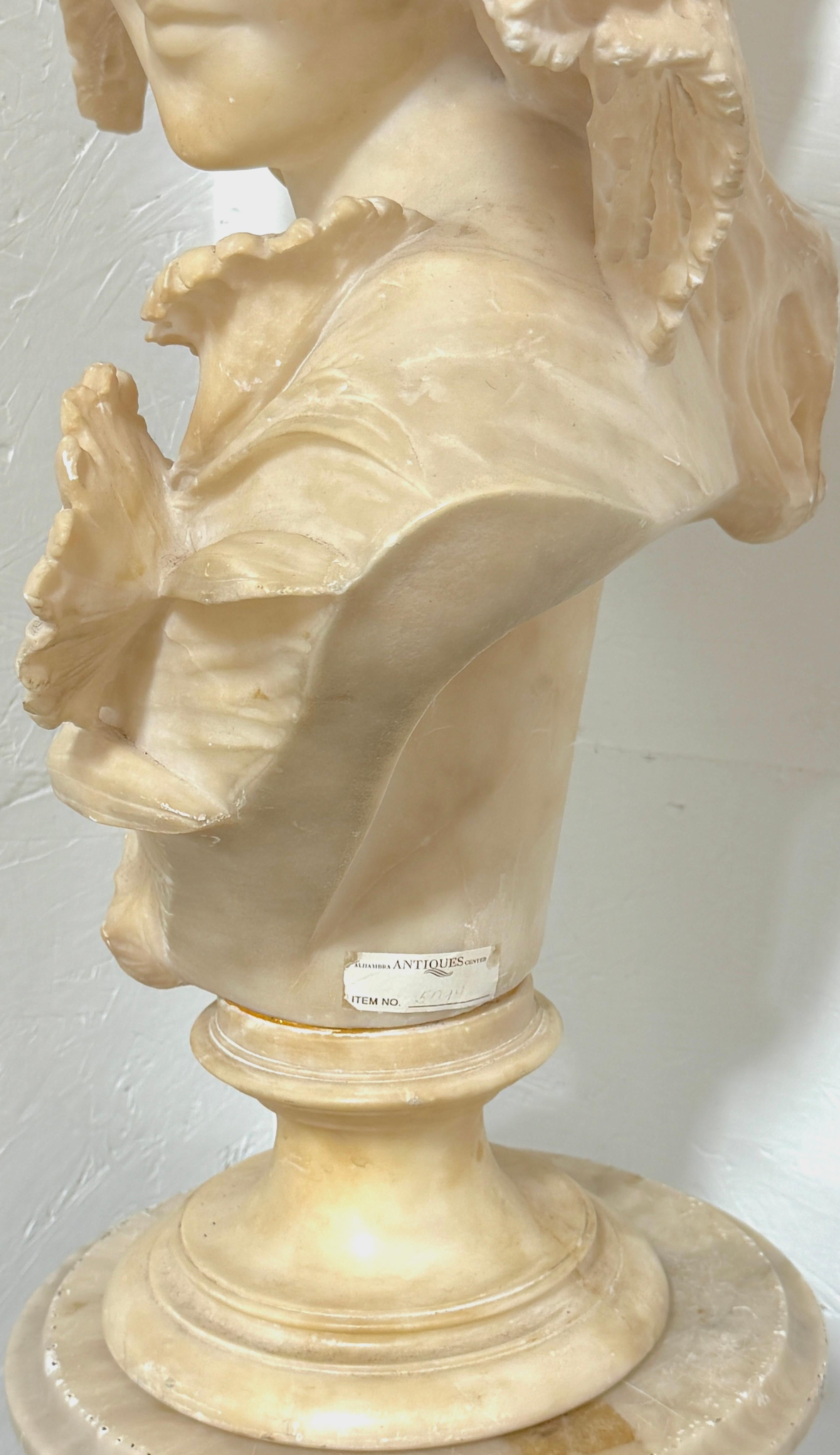 Monumental Italian Carved Alabaster Art Nouveau Bust, by A. Cipriani & Pedestal For Sale 6