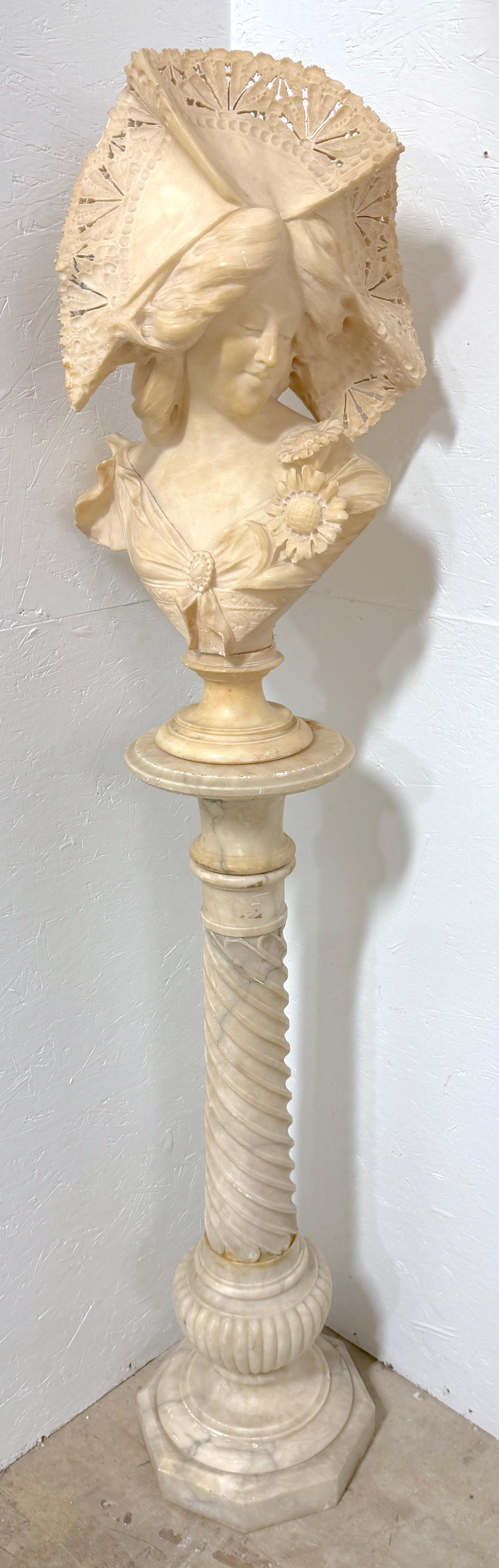 Monumental Signed Adolfo Cipriani Italian Carved Alabaster Bust with Pedestal, circa 1900

A monumental and exquisitely carved alabaster bust by Adolfo Cipriani (Italian, 1857–1941), presented on its original spiral-form pedestal. Executed around