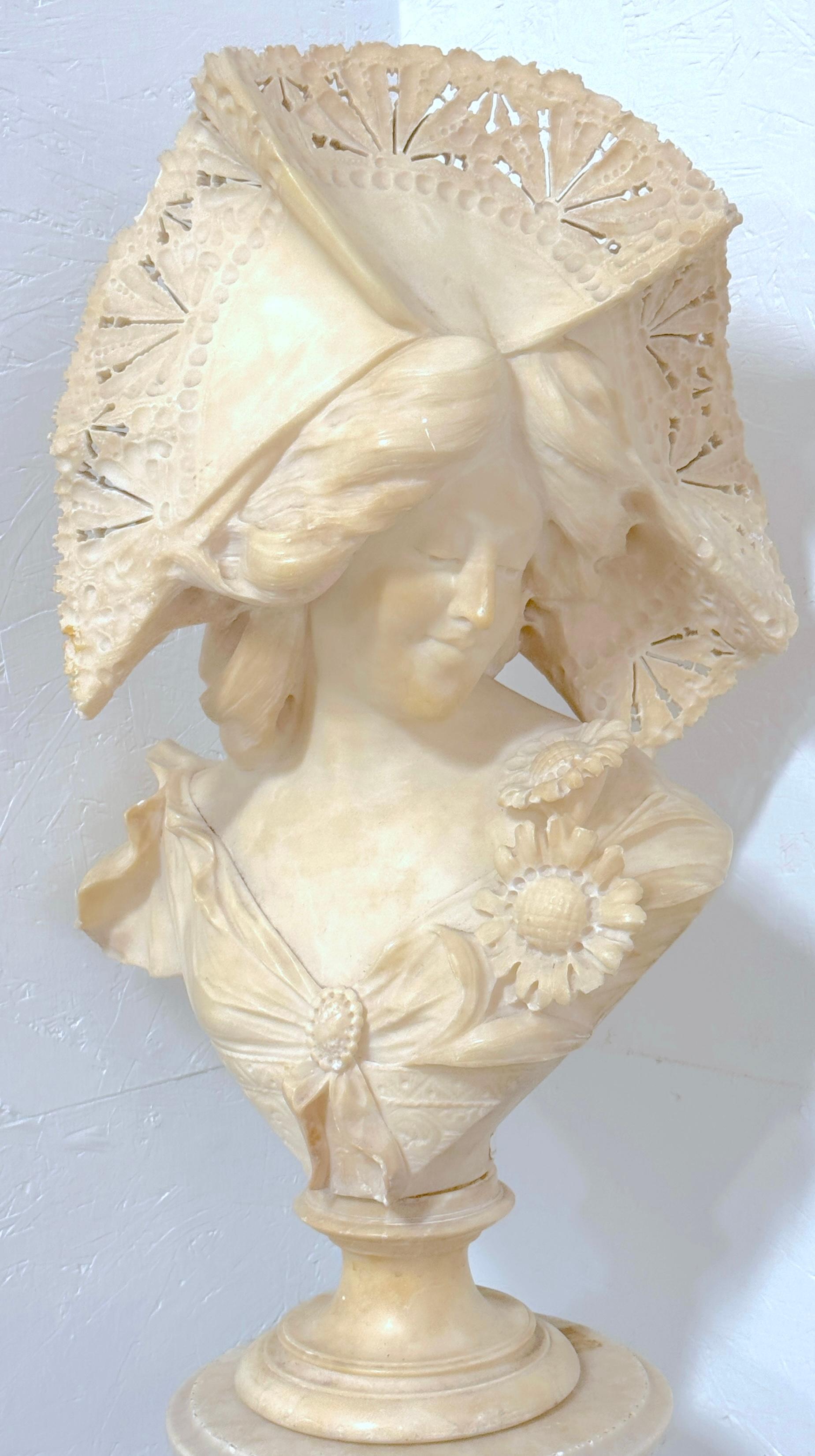 Romantic Monumental Italian Carved Alabaster Art Nouveau Bust, by A. Cipriani & Pedestal For Sale