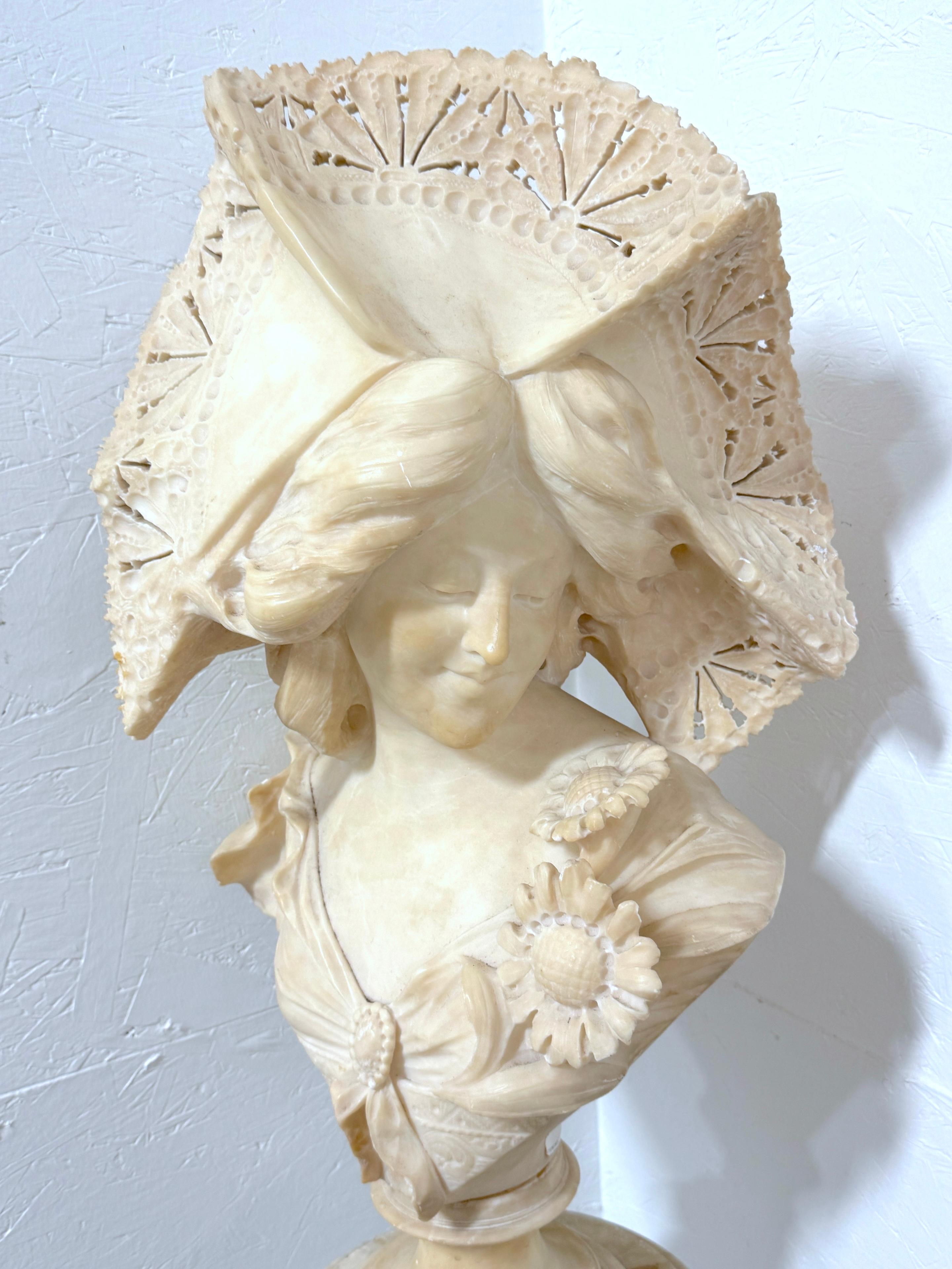 Hand-Carved Monumental Italian Carved Alabaster Art Nouveau Bust, by A. Cipriani & Pedestal For Sale
