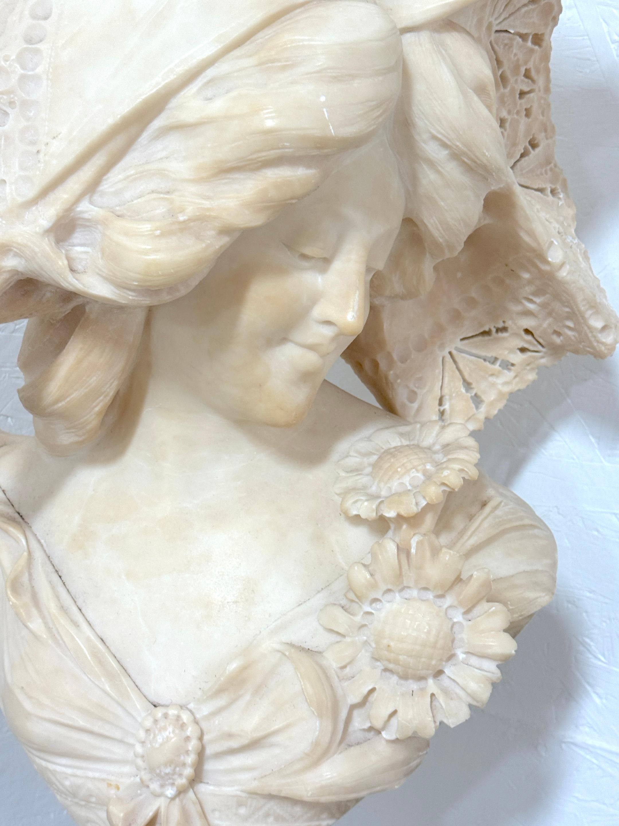 Monumental Italian Carved Alabaster Art Nouveau Bust, by A. Cipriani & Pedestal In Good Condition For Sale In West Palm Beach, FL