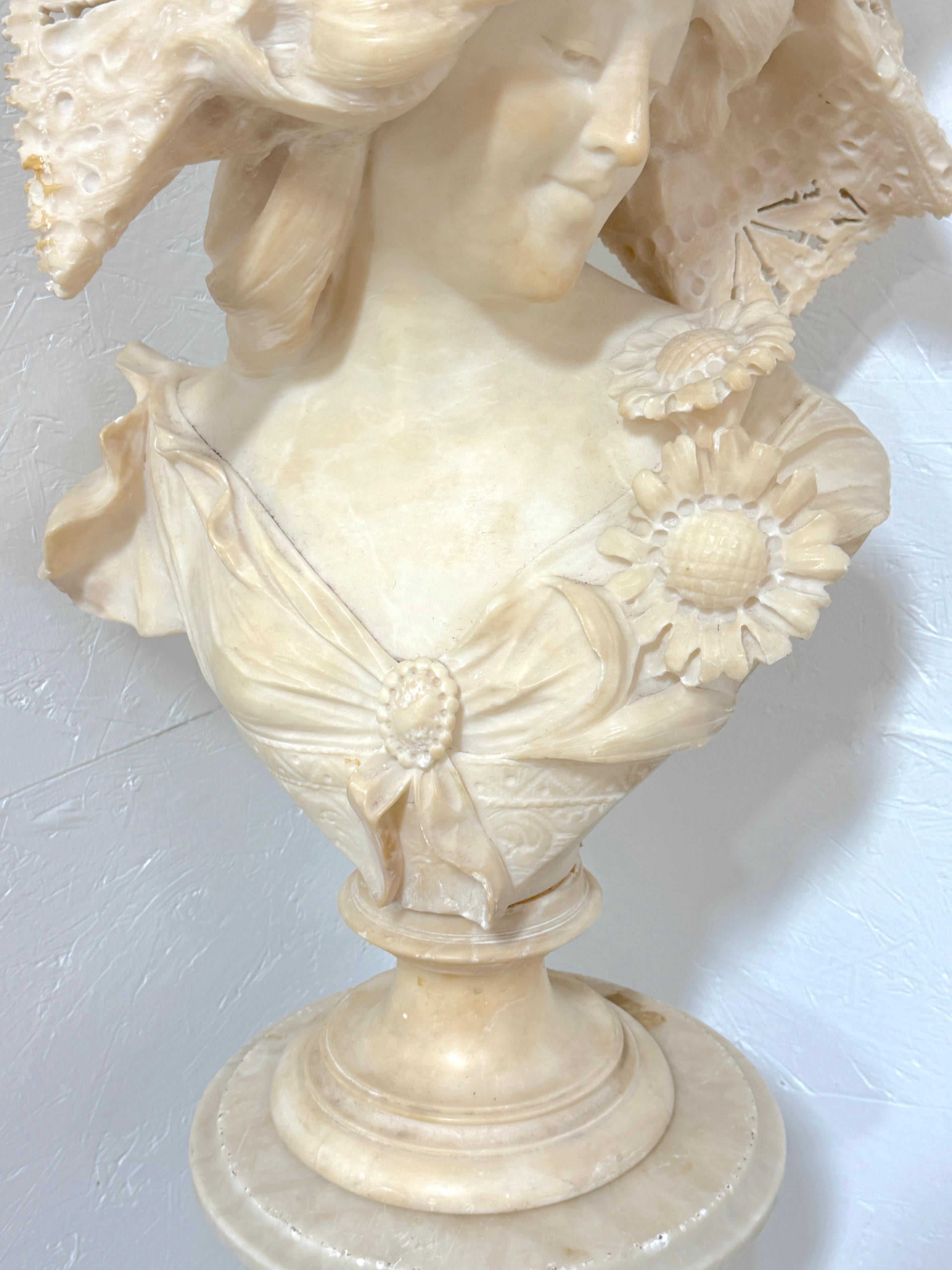 20th Century Monumental Italian Carved Alabaster Art Nouveau Bust, by A. Cipriani & Pedestal For Sale