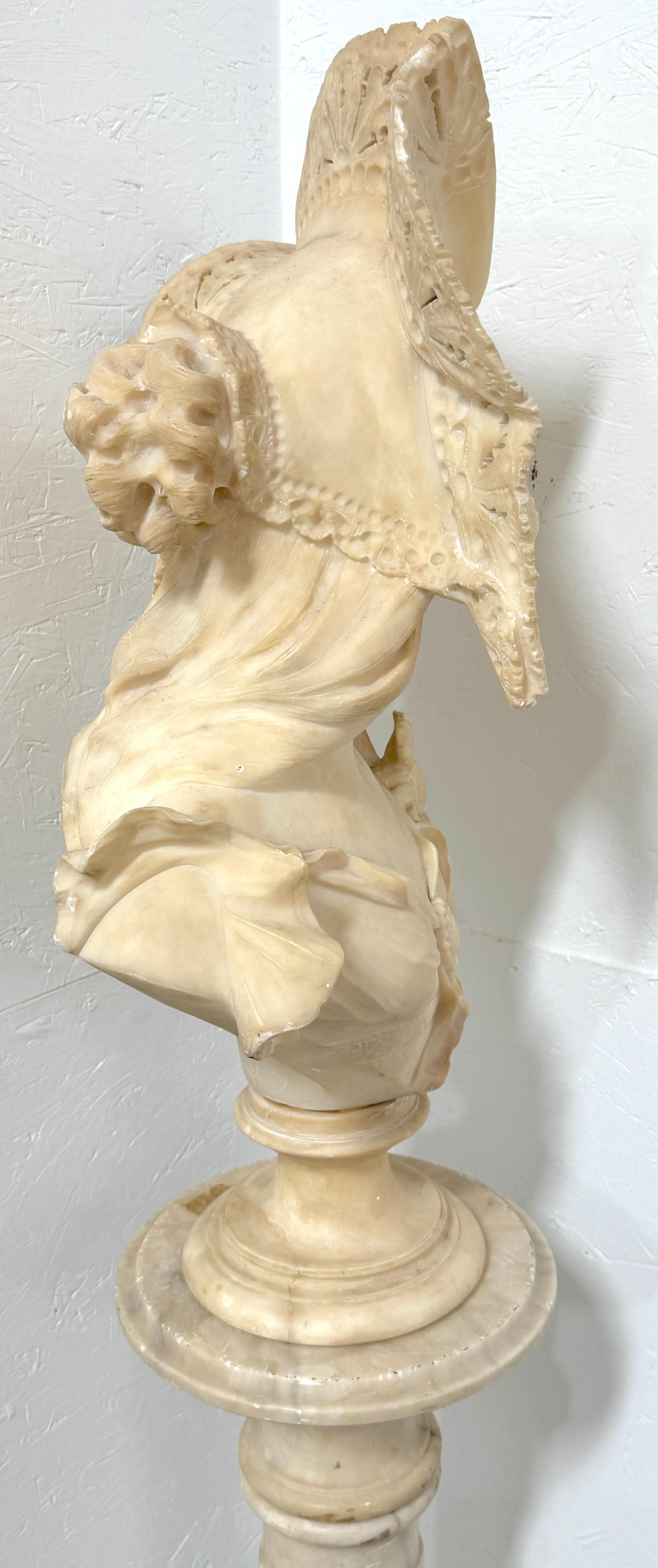 Monumental Italian Carved Alabaster Art Nouveau Bust, by A. Cipriani & Pedestal For Sale 2