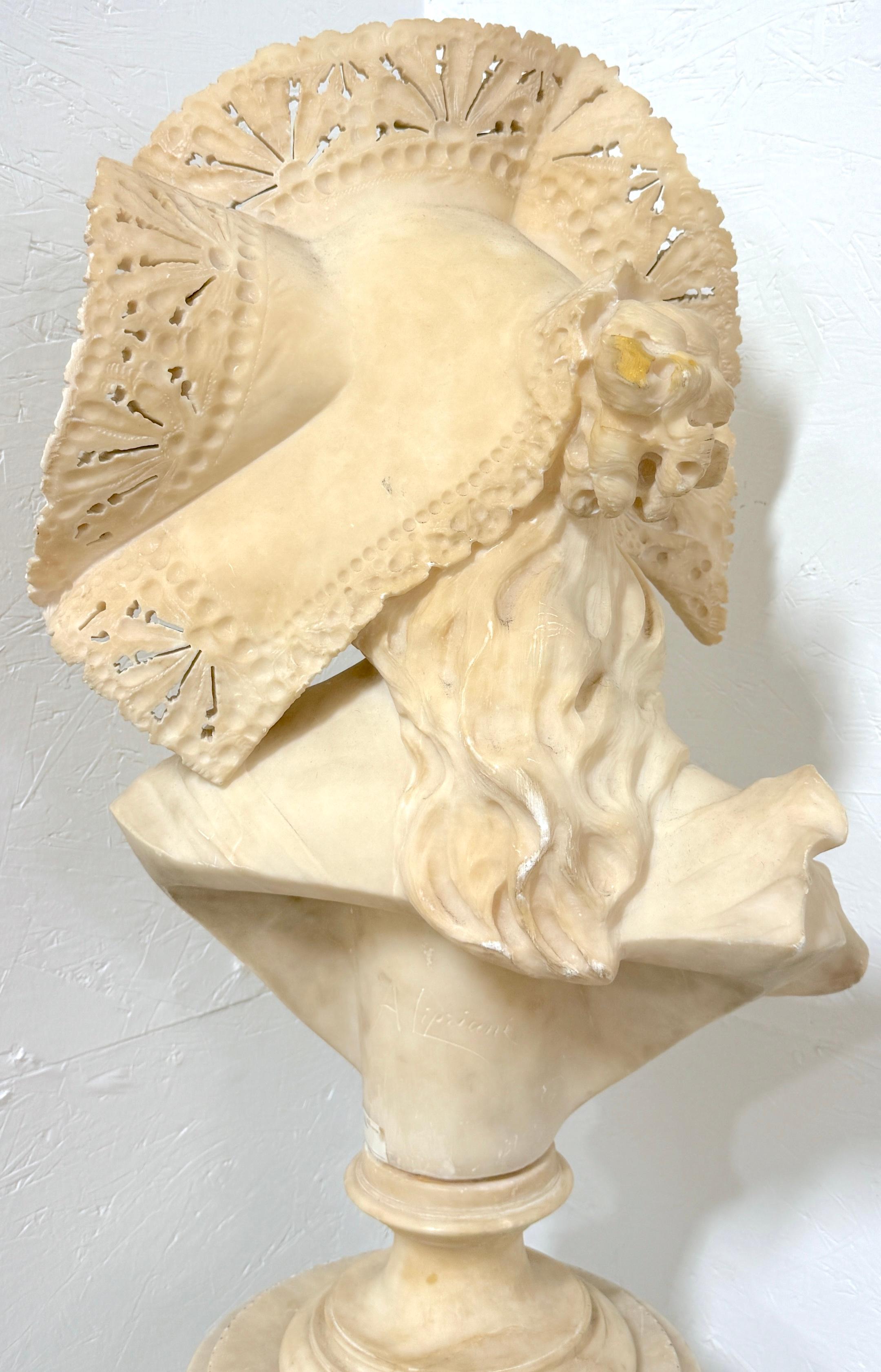 Monumental Italian Carved Alabaster Art Nouveau Bust, by A. Cipriani & Pedestal For Sale 3